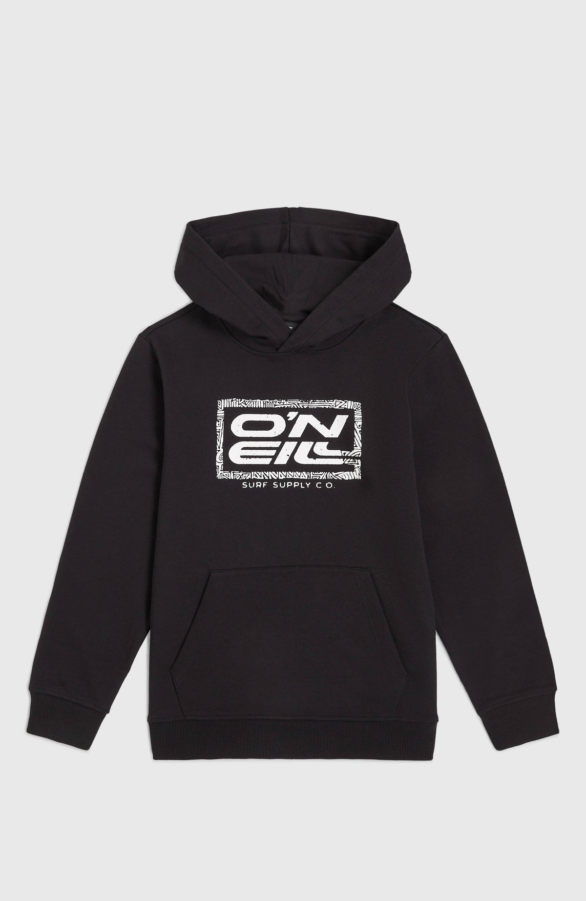 Logo Hoodie für Jungen, schwarz mit Logo-Print in Weiß, flach liegend von vorne mit Kängurutasche und Bündchen