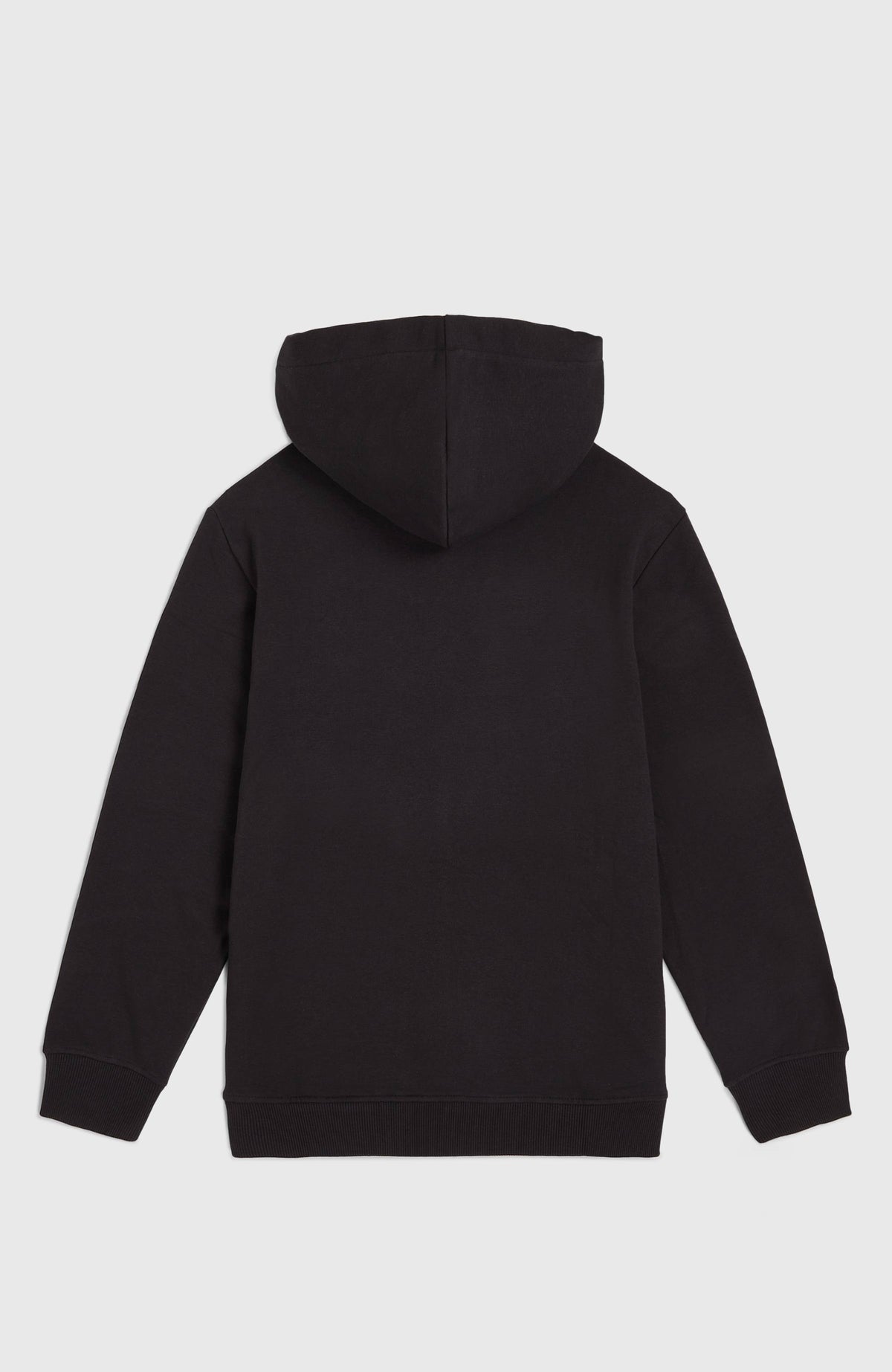 Logo Hoodie für Jungen, schwarz mit Logo-Print in Weiß, flach liegend von hinten mit Kapuze und Rippbündchen