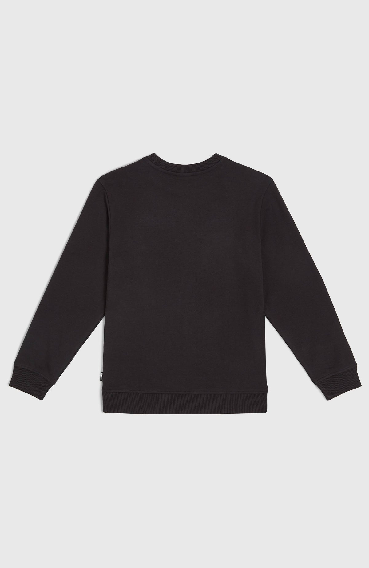 Logo Crew Sweatshirt für Jungen, schwarz, flach liegend von hinten mit kleinem Flag-Label am Saum