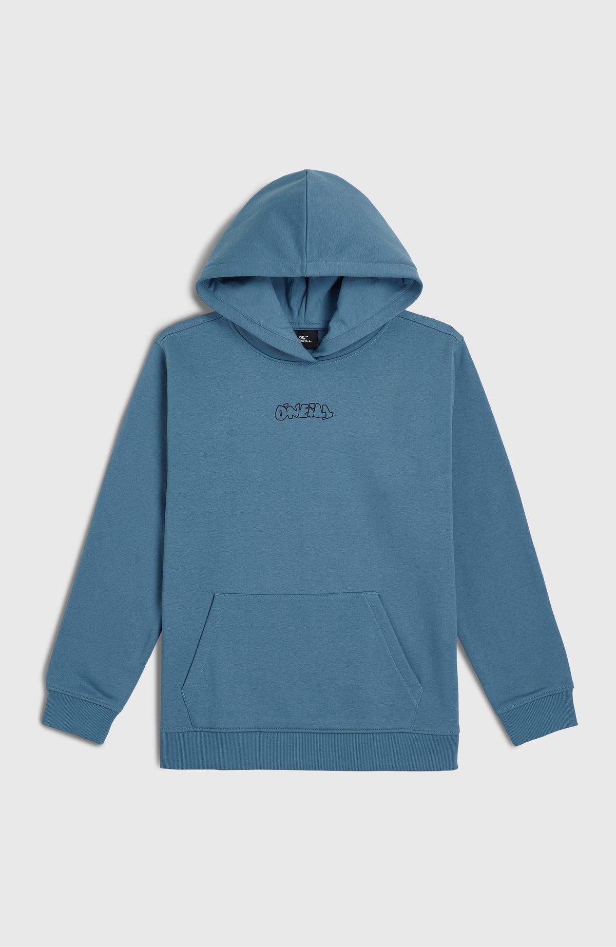 O'Neill FWC'Play Hoodie für Jungen, blau mit Logo-Print in Schwarz, flach liegend von vorne mit Kängurutasche