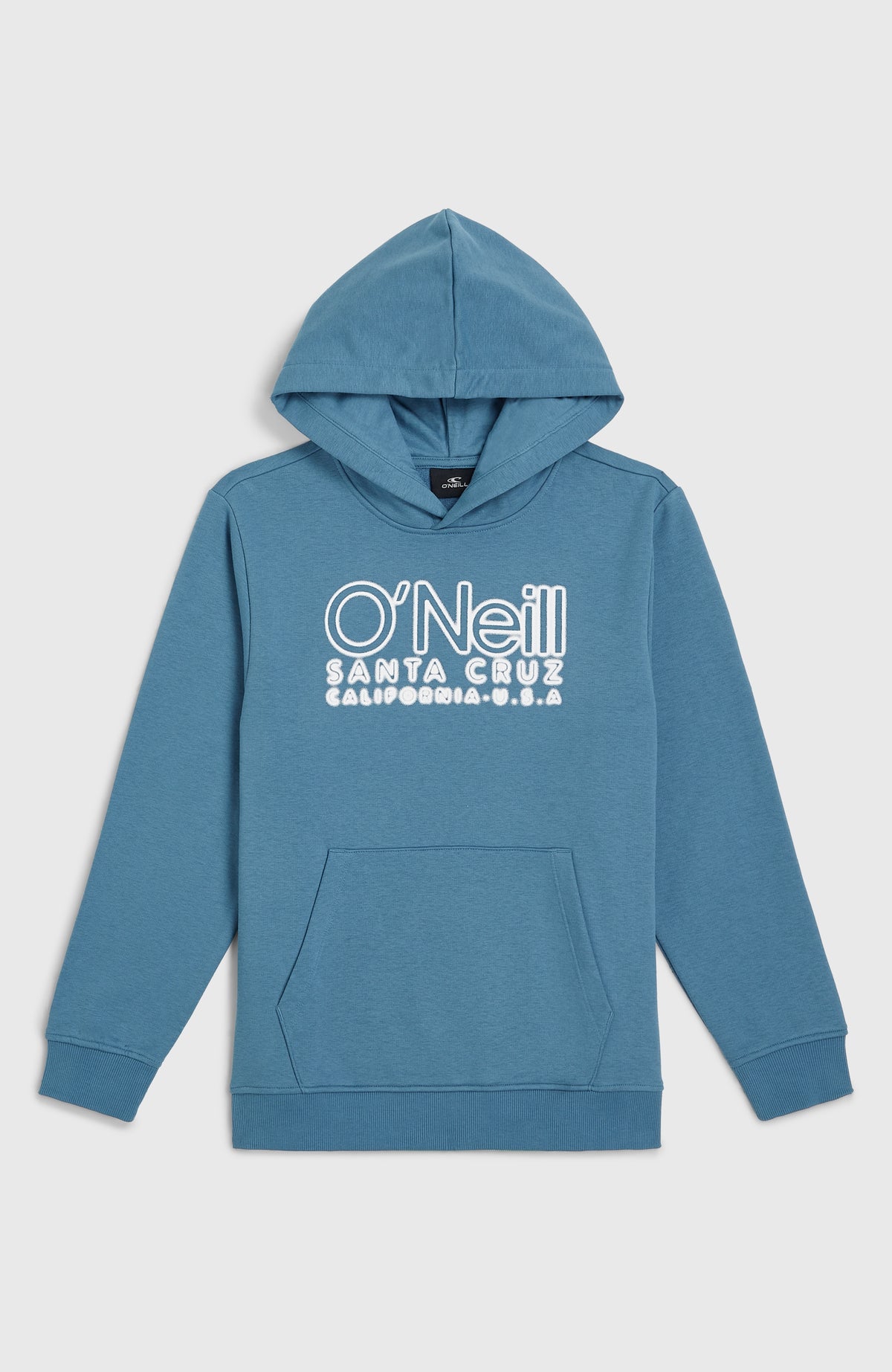 Essentials Hoodie für Jungen, blau mit Logo-Stickerei in Weiß, flach liegend von vorne mit Kängurutasche