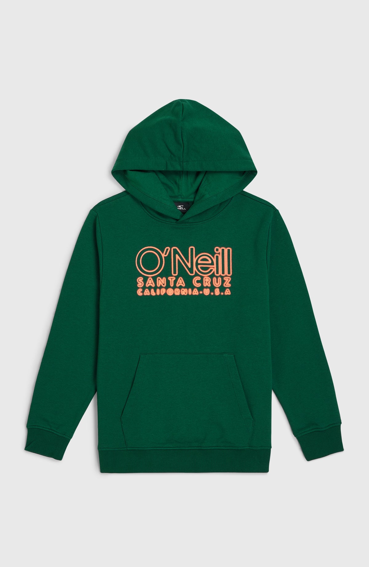 Essentials Hoodie für Jungen, grün mit Logo-Print in Orange, flach liegend von vorne mit Kängurutasche