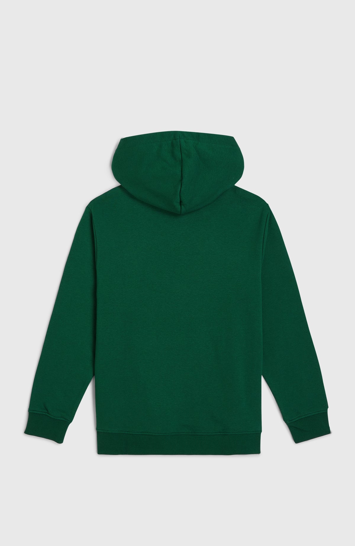 Essentials Hoodie für Jungen, grün, flach liegend von hinten mit Kapuze und geripptem Saumbund