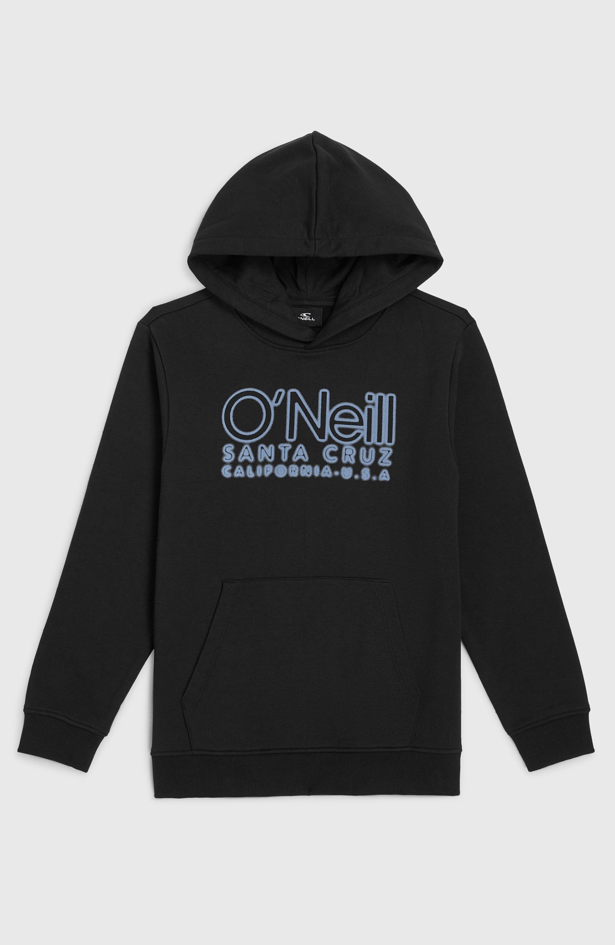 O'Neill Essentials Hoodie für Jungen, schwarz mit Logo-Stickerei in Hellblau, flach liegend von vorne mit Kängurutasche