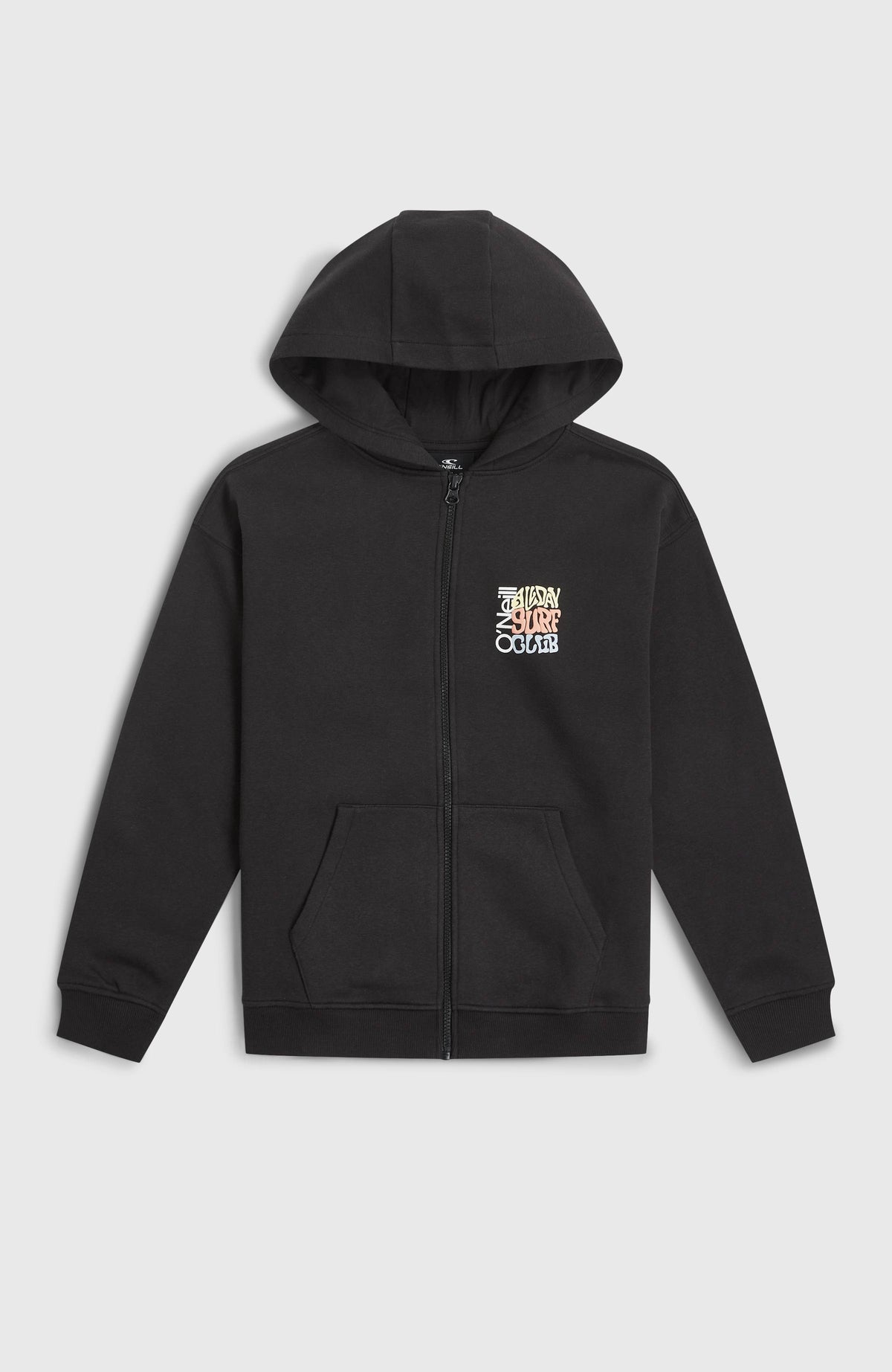 Graphic Kapuzenjacke mit Reißverschluss für Jungen, schwarz mit Grafik-Print in Gelb und Orange, flach liegend von vorne