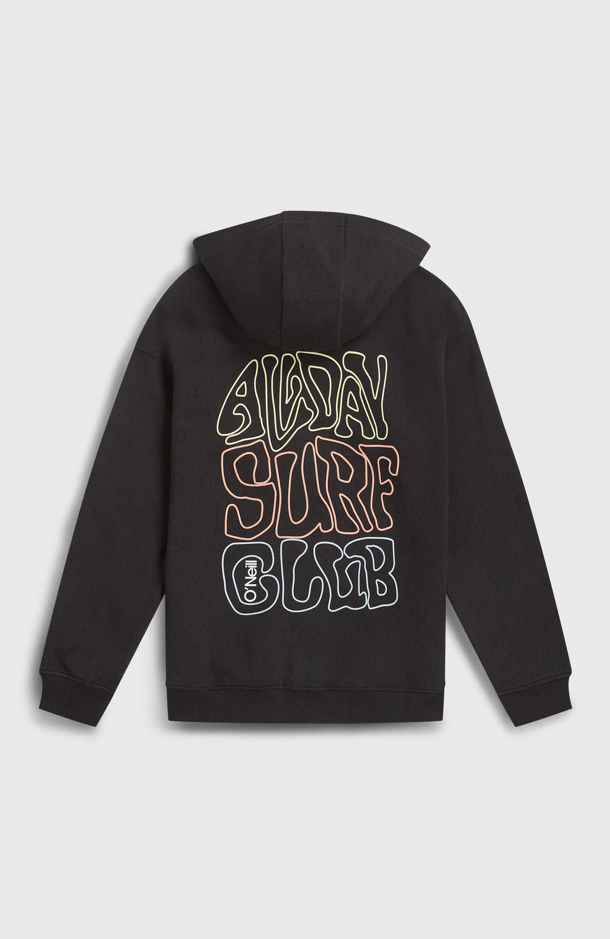 Graphic Kapuzenjacke mit Reißverschluss für Jungen, schwarz mit Grafik-Print in Gelb und Orange, flach liegend von hinten