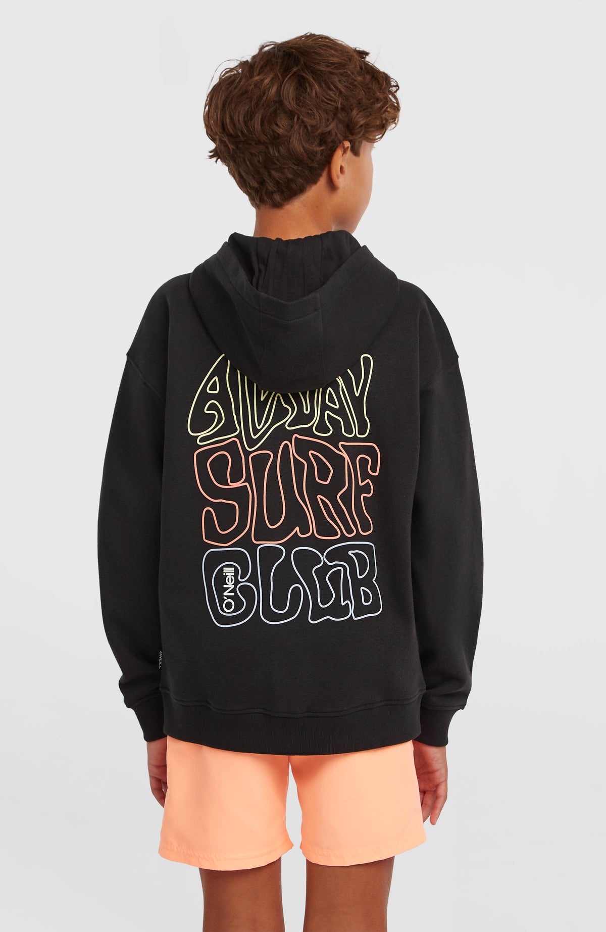 Graphic Kapuzenjacke mit Reißverschluss für Jungen, schwarz mit Grafik-Print in Gelb und Orange, Rückansicht am Model