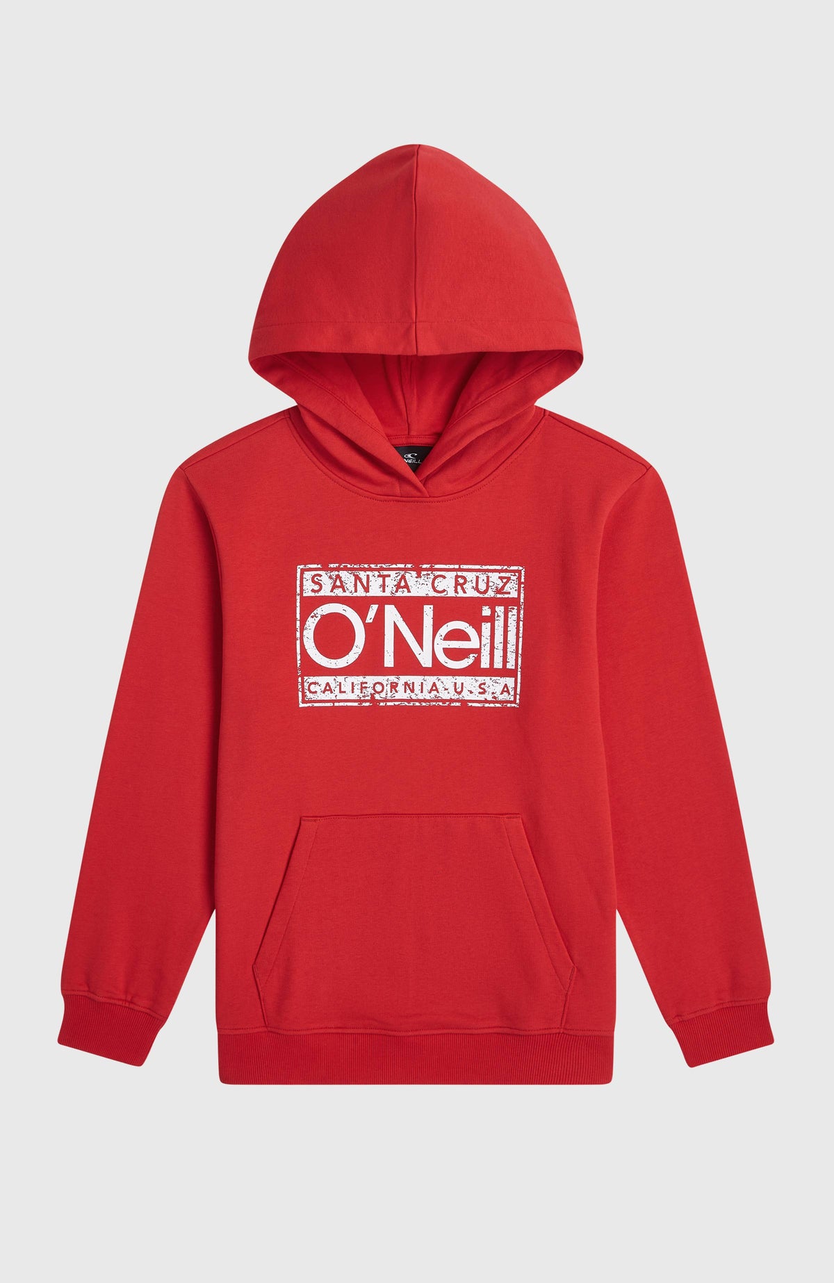 Cali Hoodie für Jungen, rot mit Logo-Print in Weiß, flach liegend von vorne mit Kapuze und Kängurutasche