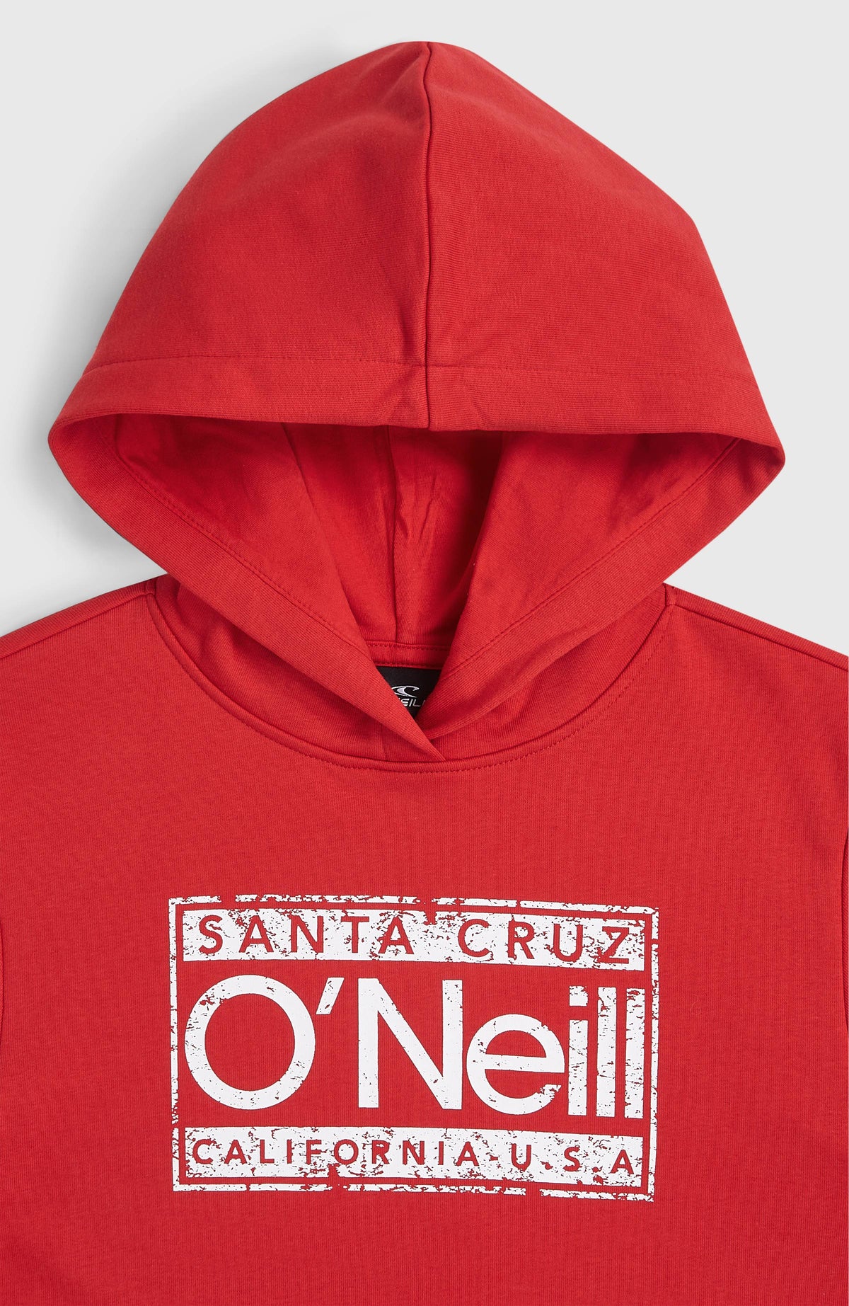 Cali Hoodie für Jungen, rot mit Logo-Print in Weiß, Nahaufnahme von Kapuze, Ausschnitt und vorderem Print