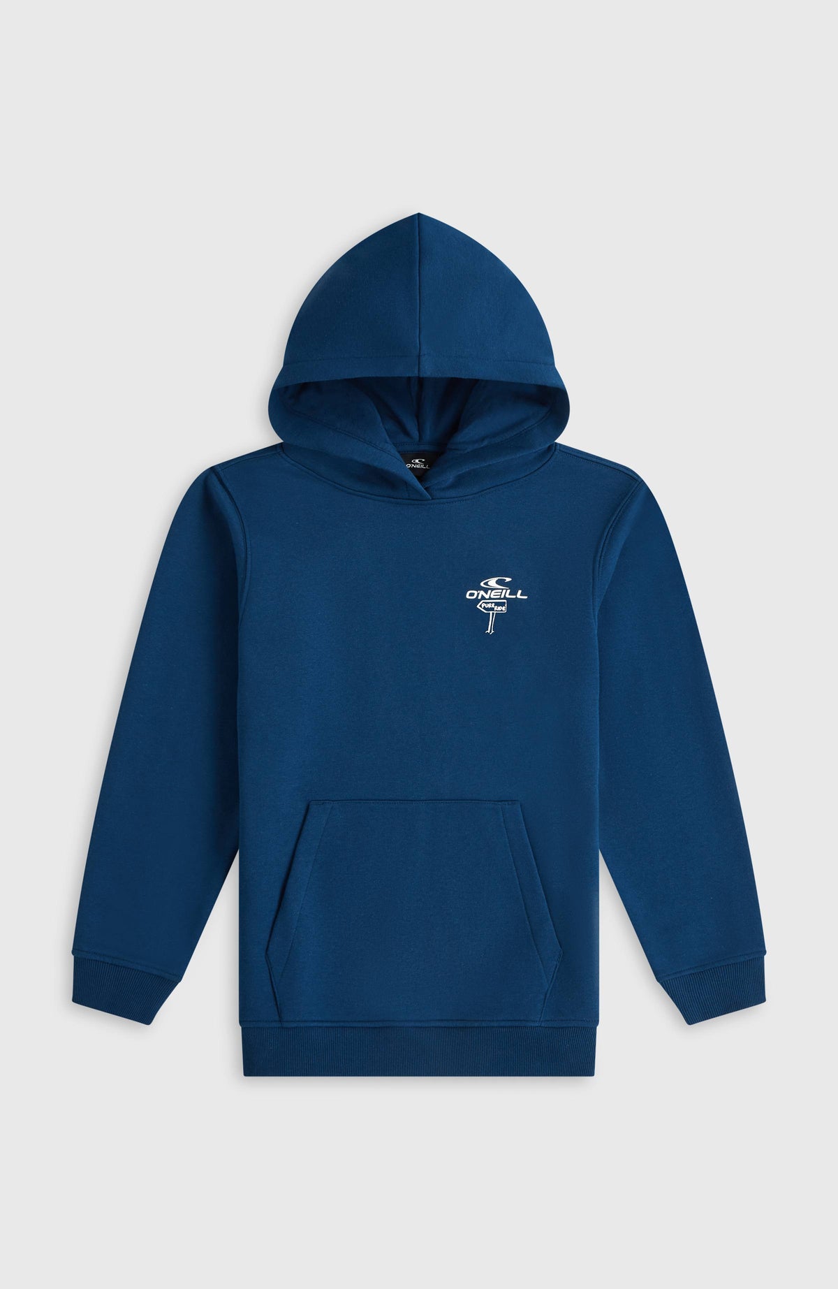Blauer Back Print Hoodie für Jungen, flach liegend von vorne, mit Kängurutasche und kleinem Brust-Print in Weiß