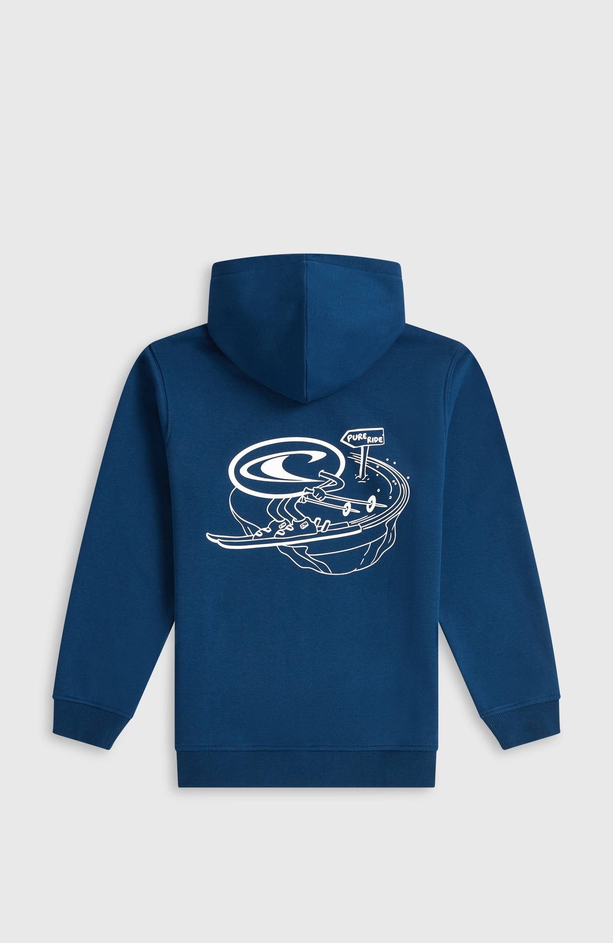 Blauer Back Print Hoodie für Jungen mit Grafik-Print in Weiß, flach liegend von hinten mit angesetzter Kapuze