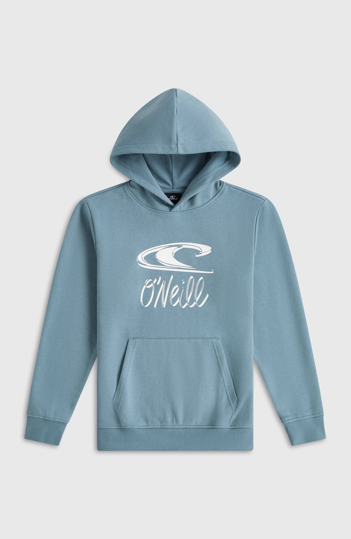 Essentials Hoodie für Jungen, blau mit Logo-Print in Weiß, flach liegend von vorne mit Kängurutasche