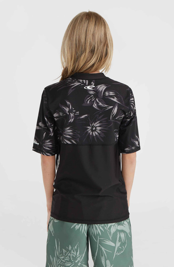 Mix and Match Crazy Shortsleeve-Schwimmshirt | Black Tonal Tropican