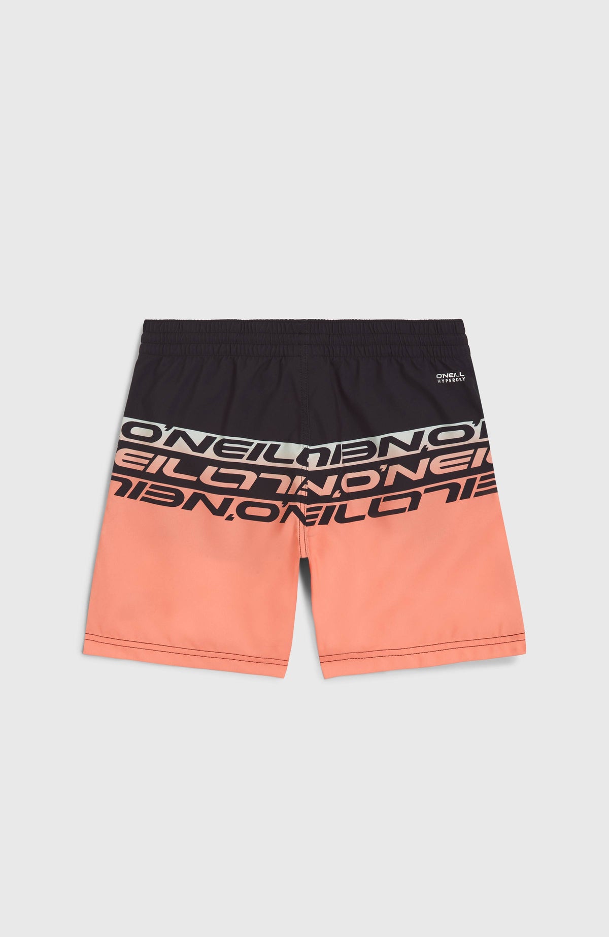 Cali Stripe 14'' Badehose für Jungen, pink mit Logo-Print in Schwarz, flach liegend von hinten, elastischer Bund
