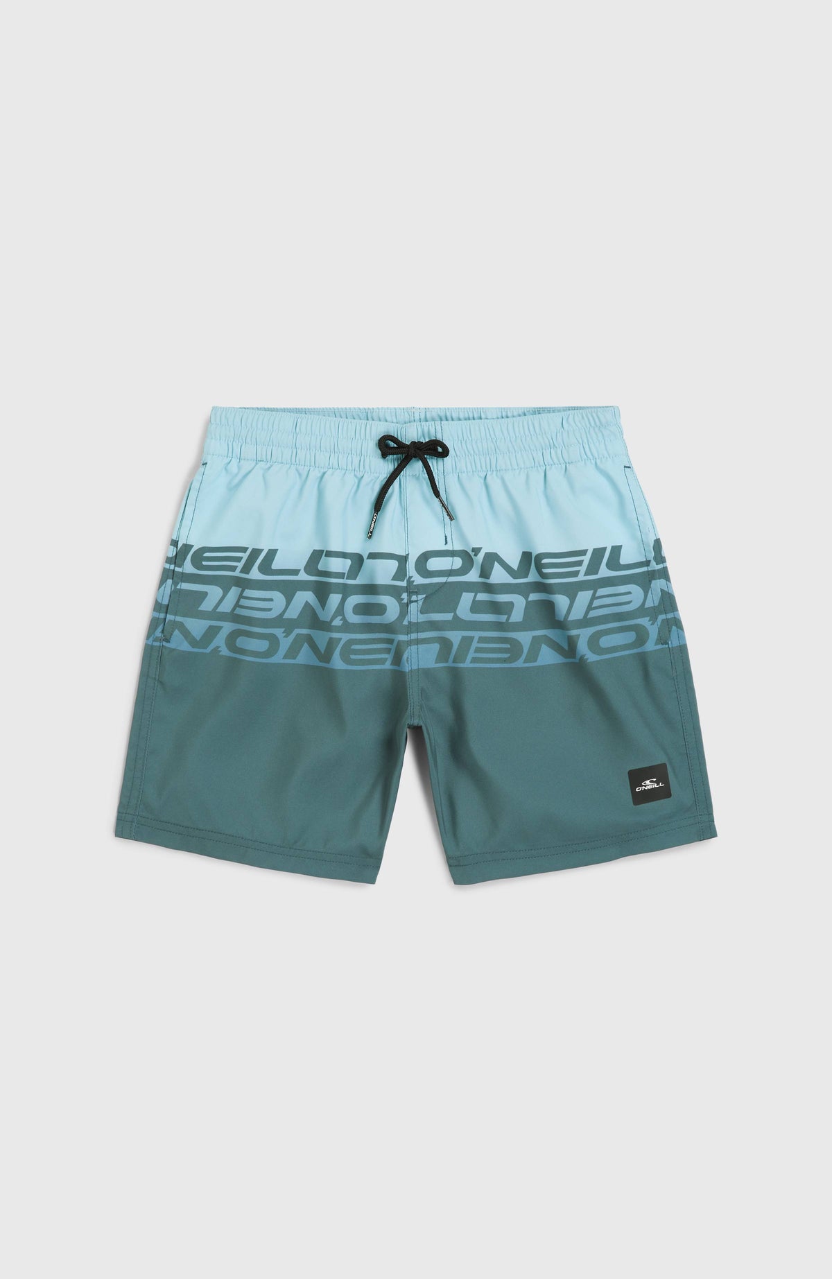 Cali Stripe 14'' Badehose für Jungen, blau mit Logo-Print in Dunkelblau, flach liegend von vorne mit Kordelzug