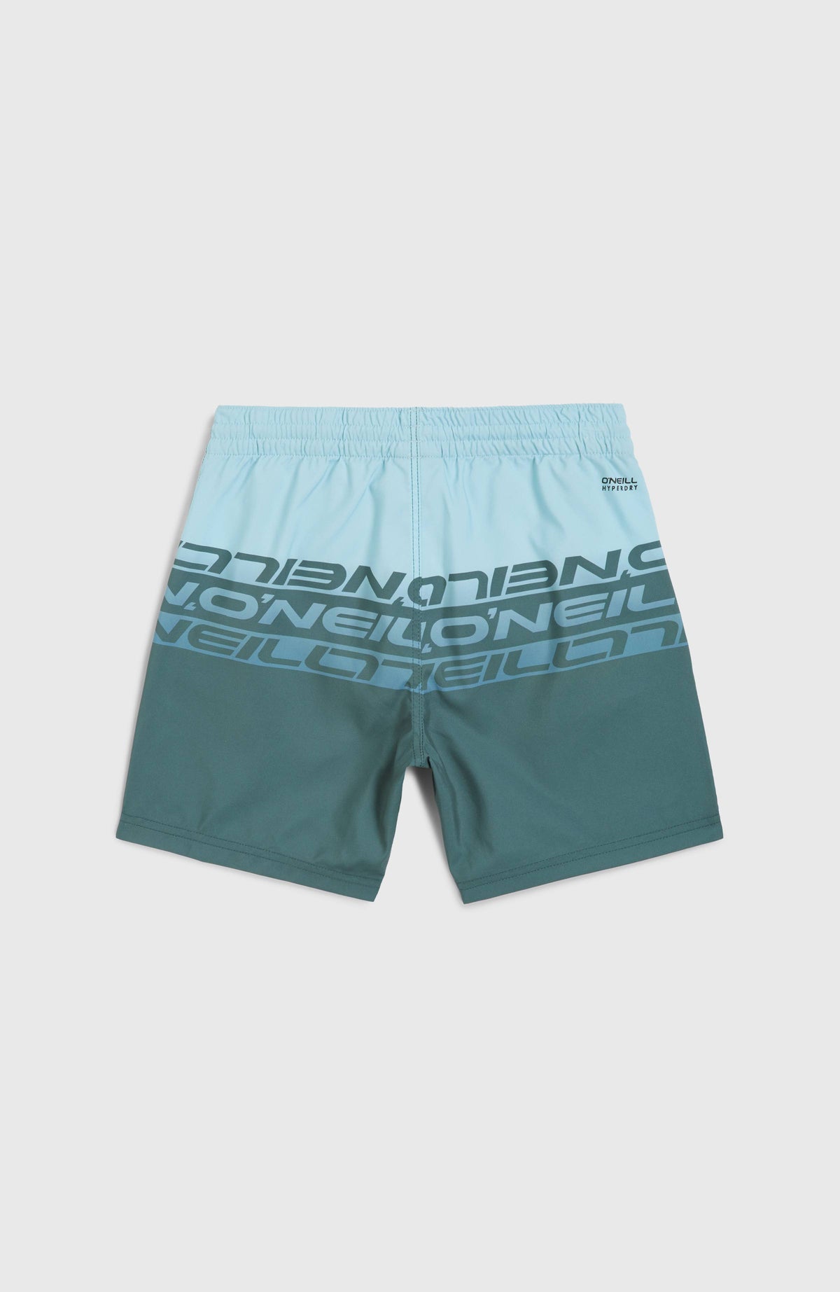 Cali Stripe 14'' Badehose für Jungen, blau mit Logo-Print in Dunkelblau, flach liegend von hinten