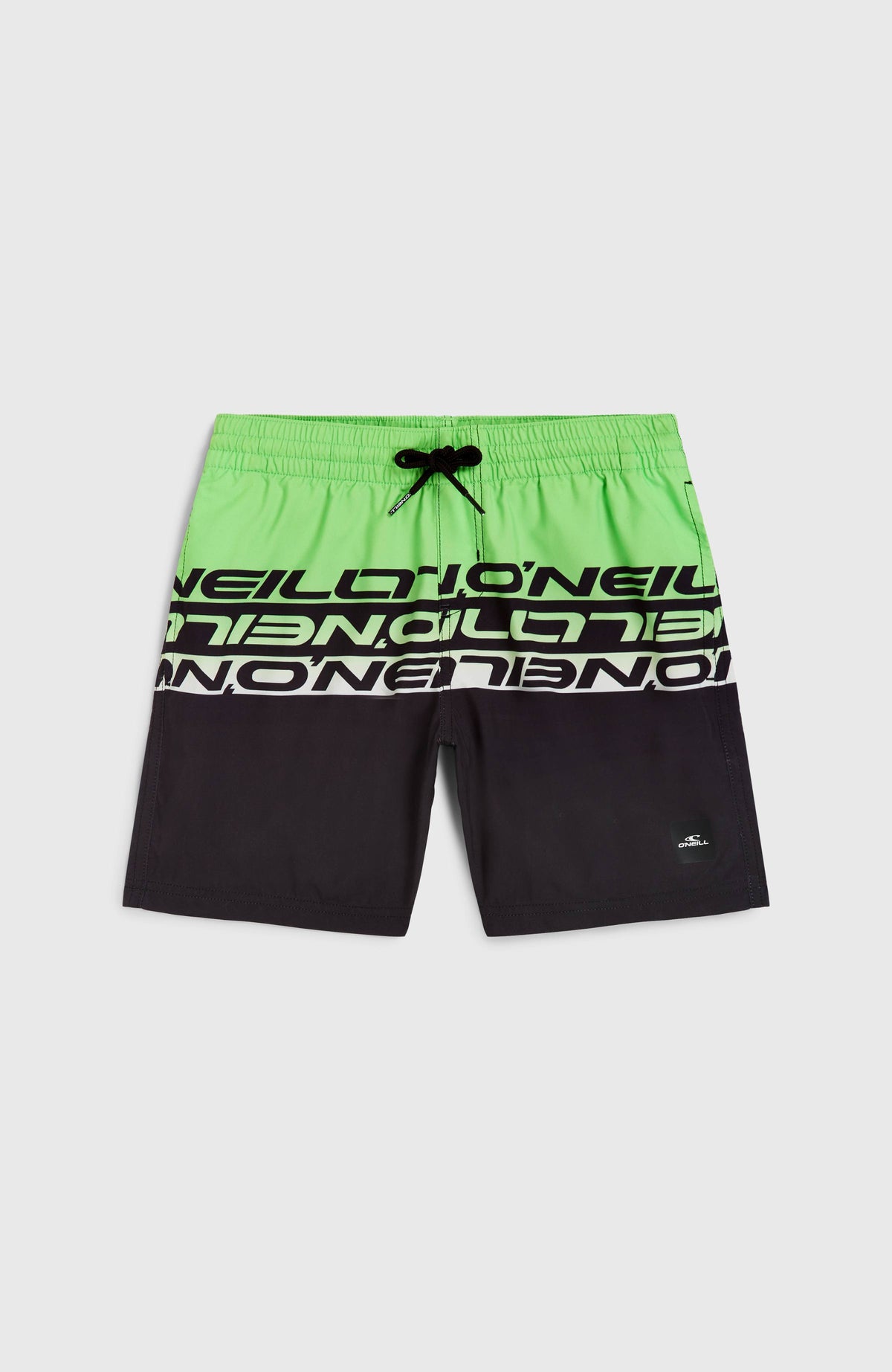 Cali Stripe 14'' Badehose für Jungen, grün mit Logo-Print in Schwarz, flach liegend von vorne mit Kordelzug