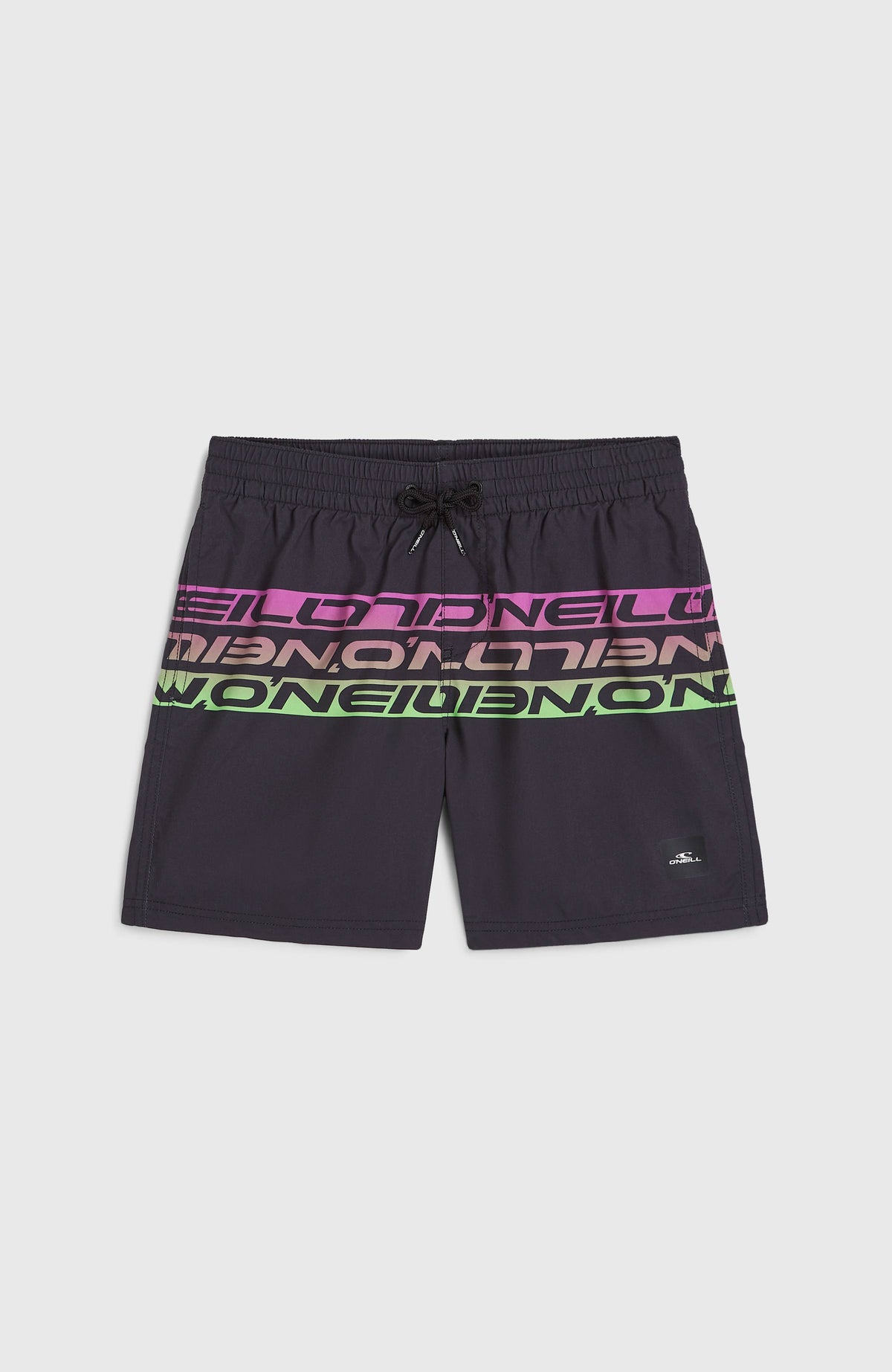 O'Neill Cali Stripe 14'' Badehose für Jungen, schwarz mit Logo-Print in Pink und Grün, flach liegend von vorne