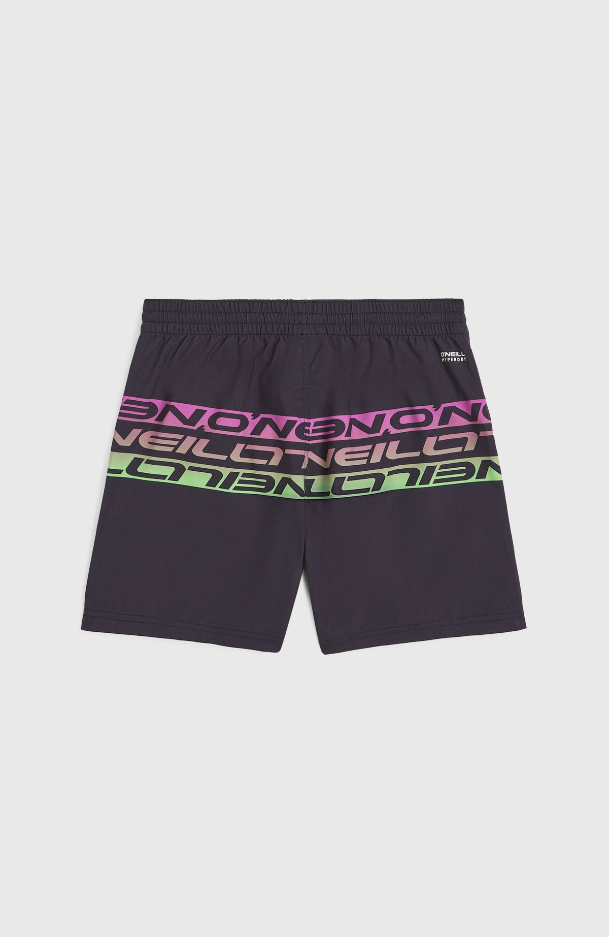 Cali Stripe 14'' Badehose für Jungen, schwarz mit Logo-Print in Pink und Grün, flach liegend von hinten