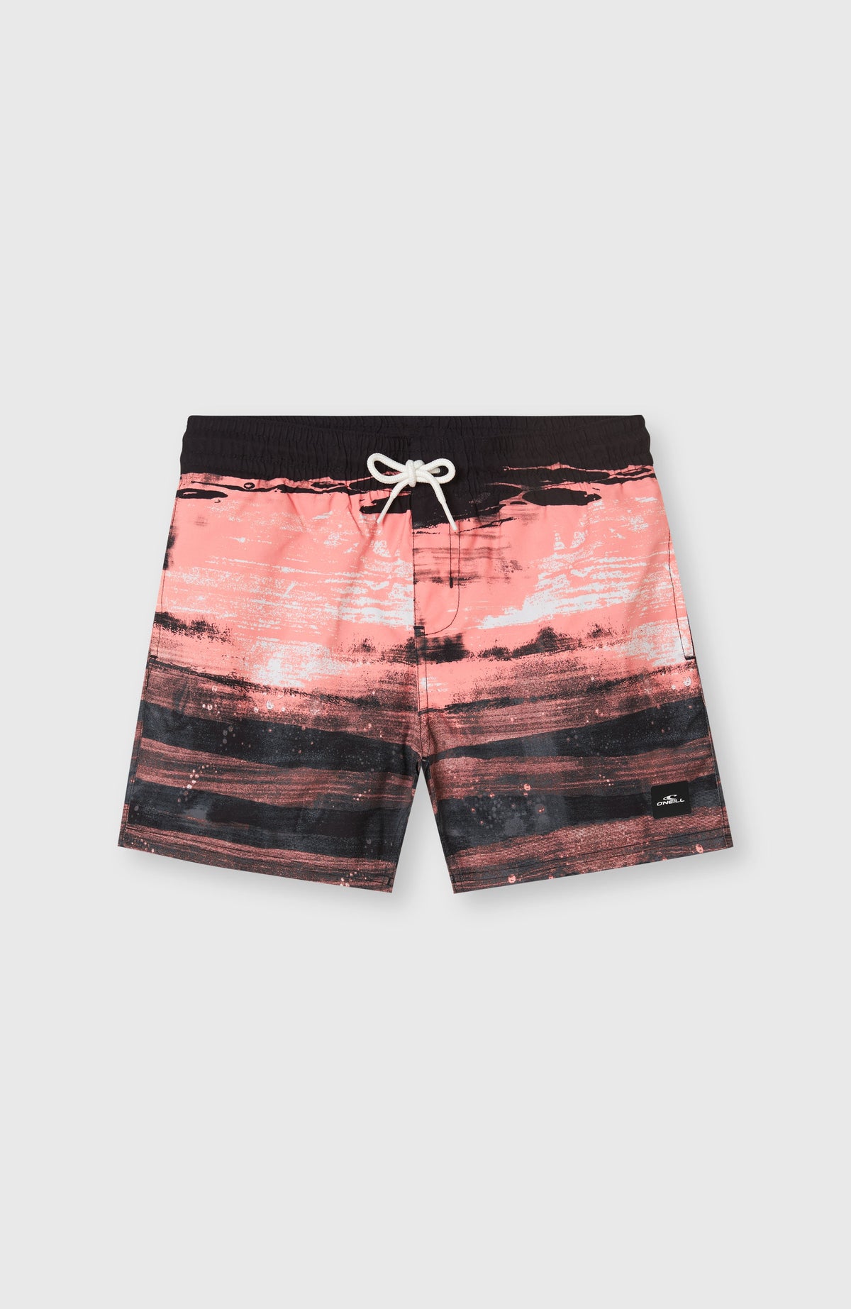 Pinke Cali Gradient 14'' Badehose für Jungen mit Farbverlauf in Schwarz und Weiß, flach liegend von vorne mit Kordelzug