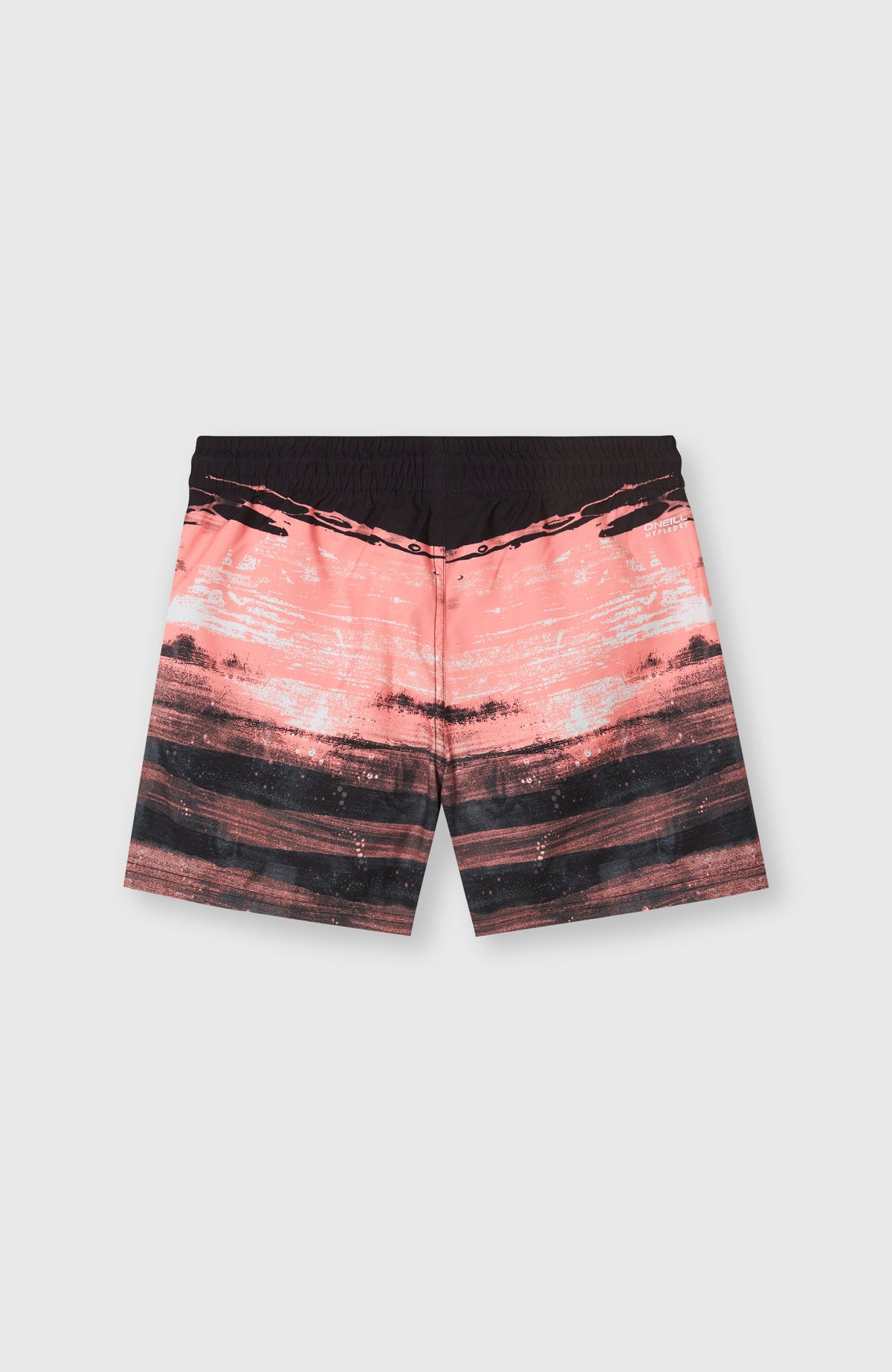 Pinke Cali Gradient 14'' Badehose für Jungen mit Farbverlauf in Schwarz und Weiß, flach liegend von hinten