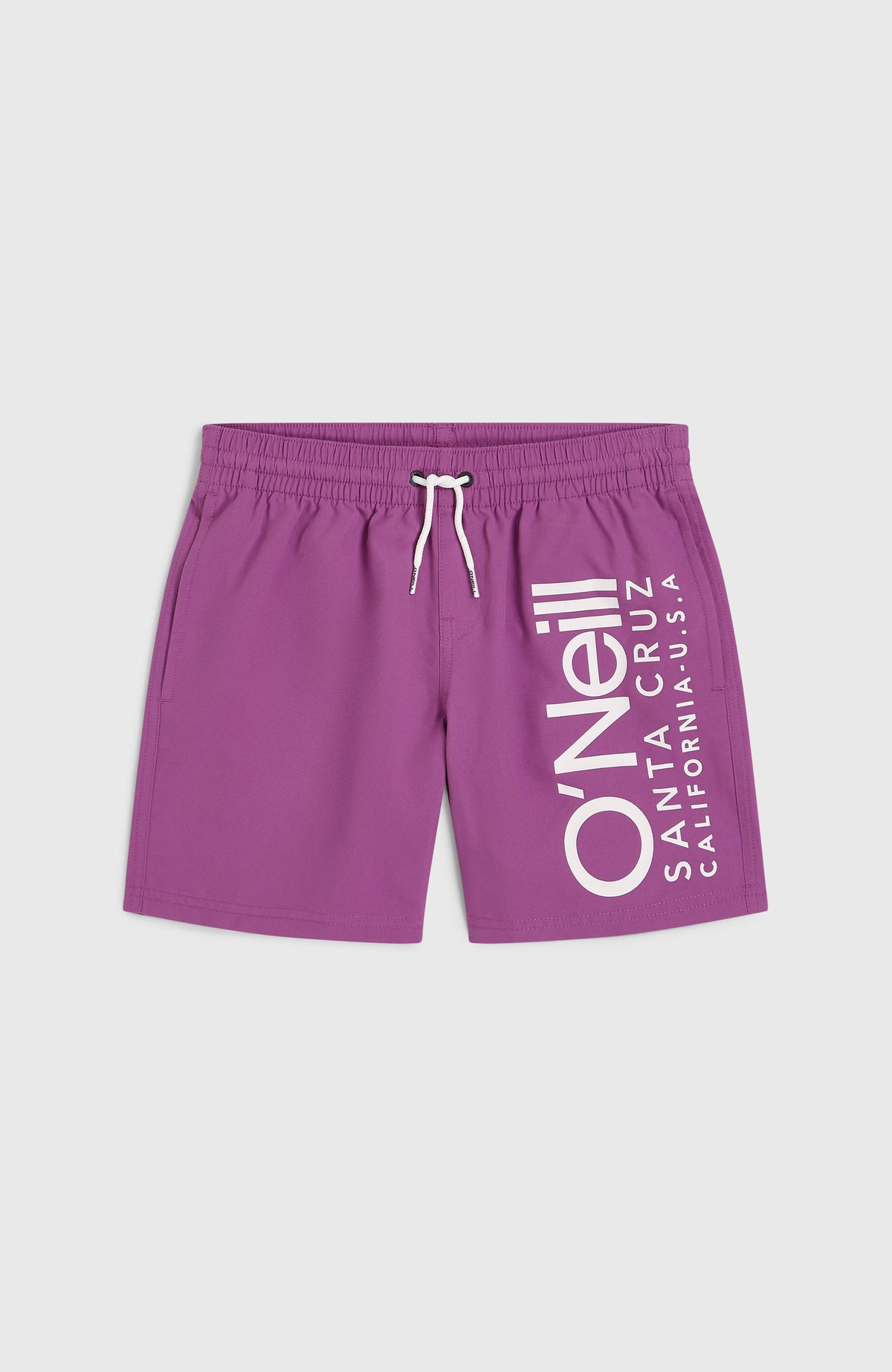 O'Neill Original Cali 14'' Badehose für Jungen, lila mit Logo-Print in Weiß, flach liegend von vorne