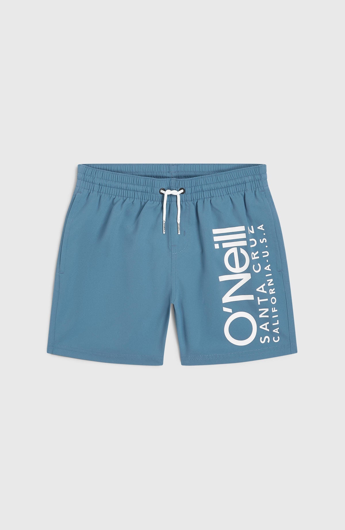 O'Neill Original Cali 14'' Badehose für Jungen, blau mit Logo-Print in Weiß, flach liegend von vorne