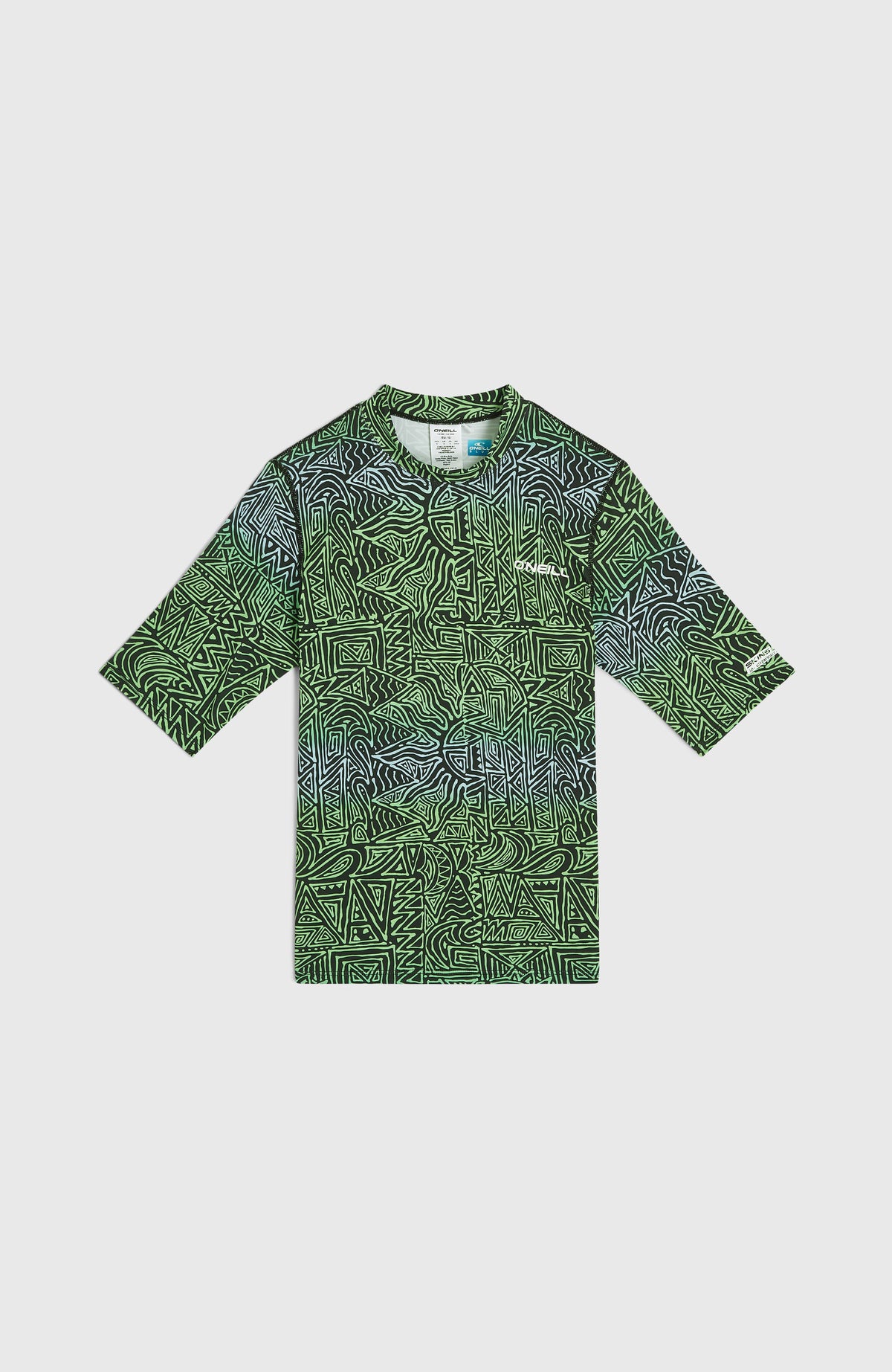 Shortsleeve-Schwimmshirt für Jungen, blau mit Grafikmuster in Grün, flach liegend von vorne