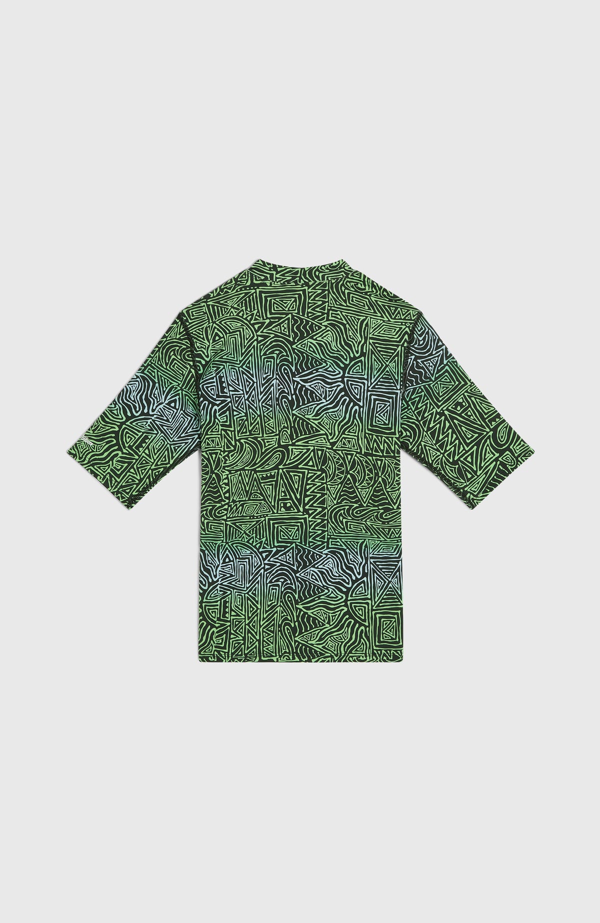 Shortsleeve-Schwimmshirt für Jungen, blau mit Grafikmuster in Grün, flach liegend von hinten