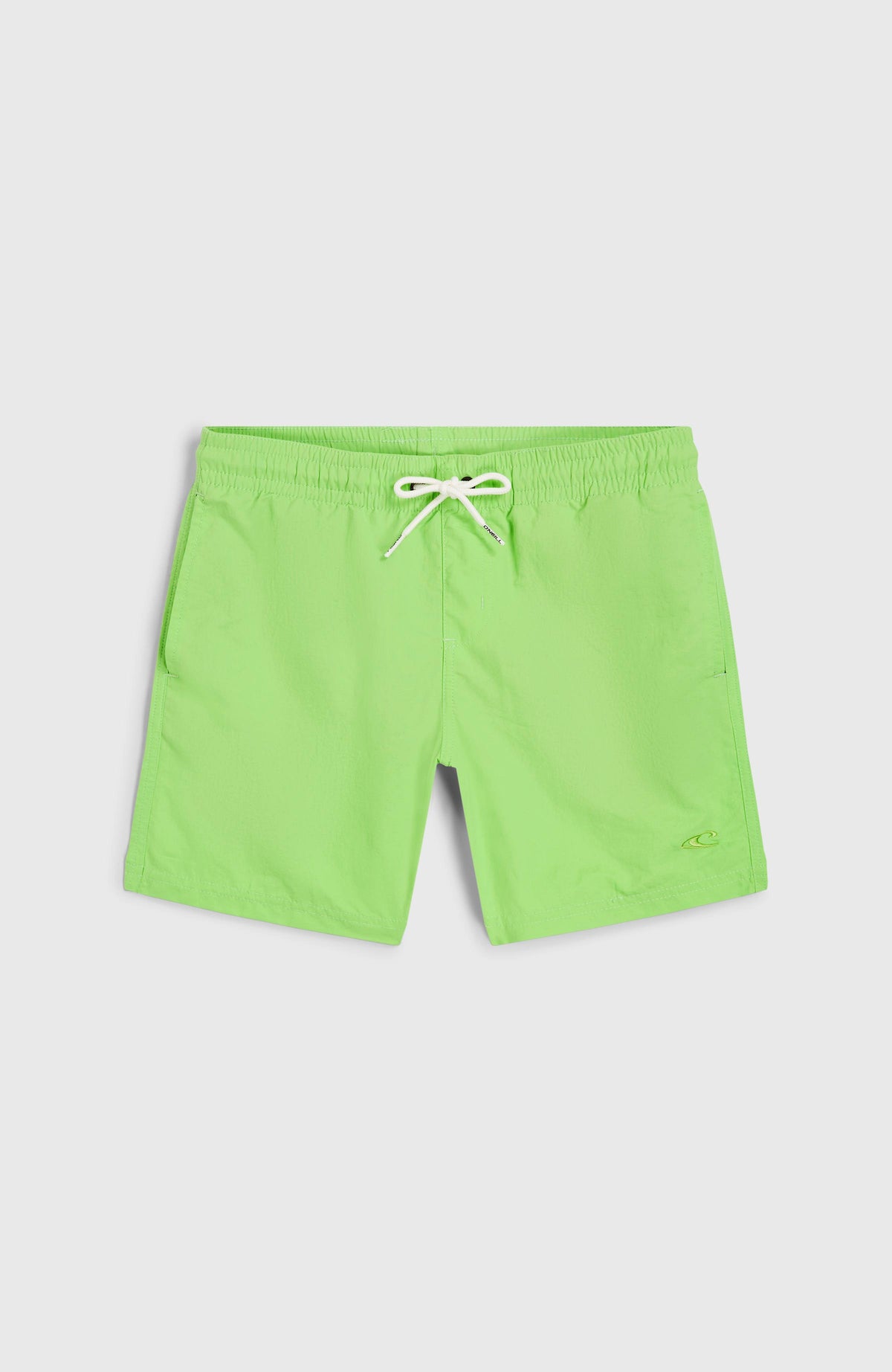 Vert 14'' Badehose für Jungen, grün, flach liegend von vorne mit elastischem Bund und Kordelzug