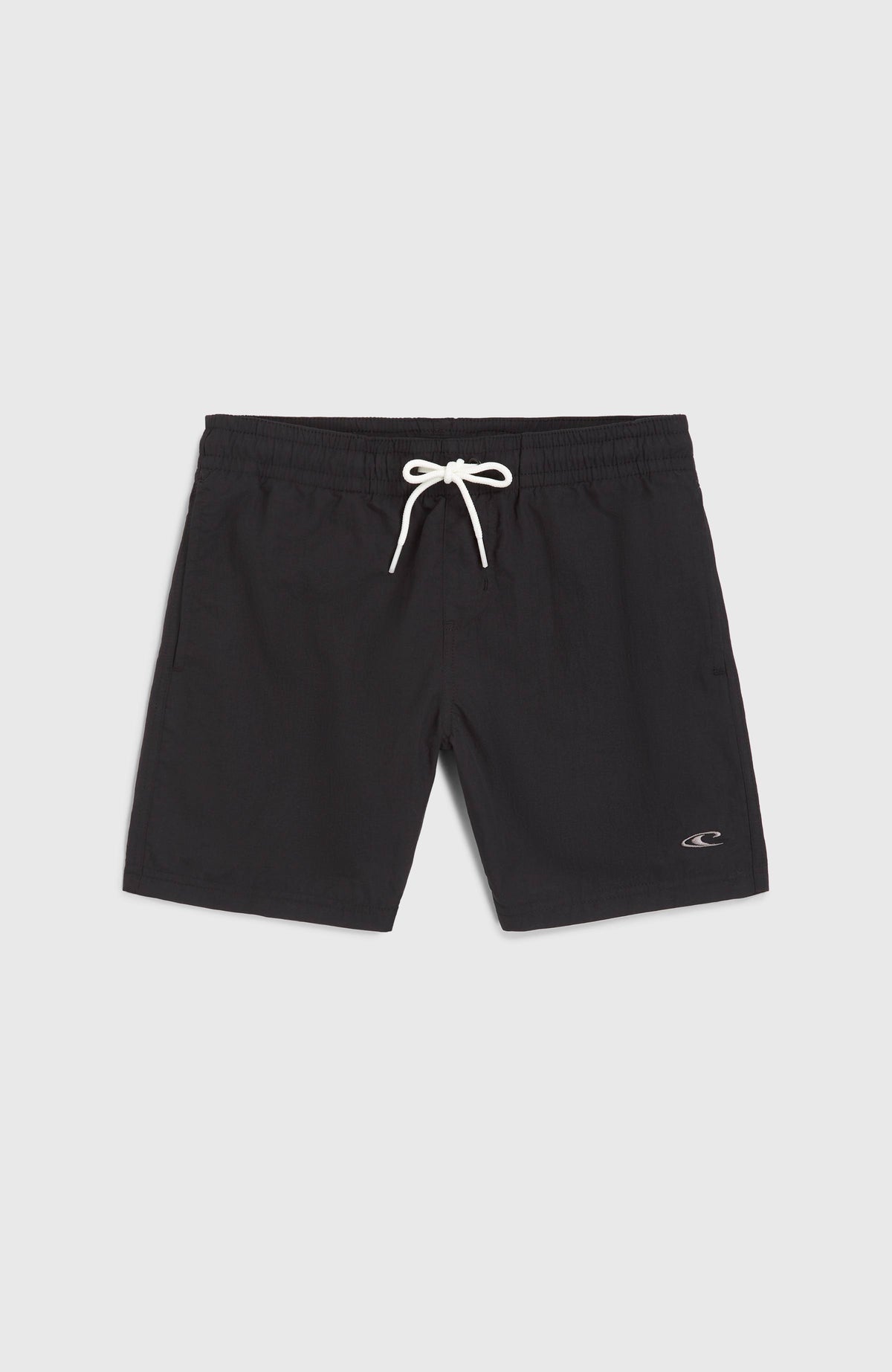 Vert 14'' Badehose für Jungen, schwarz, flach liegend von vorne mit Kordelzug am Bund