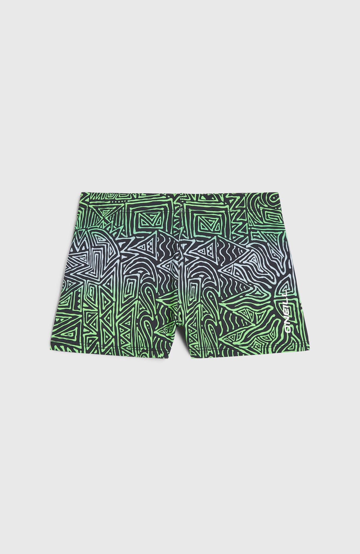 O'Neill Racer Badehose für Jungen, blau mit Grafikmuster in Grün, flach liegend von vorne, Logo-Print am Bein