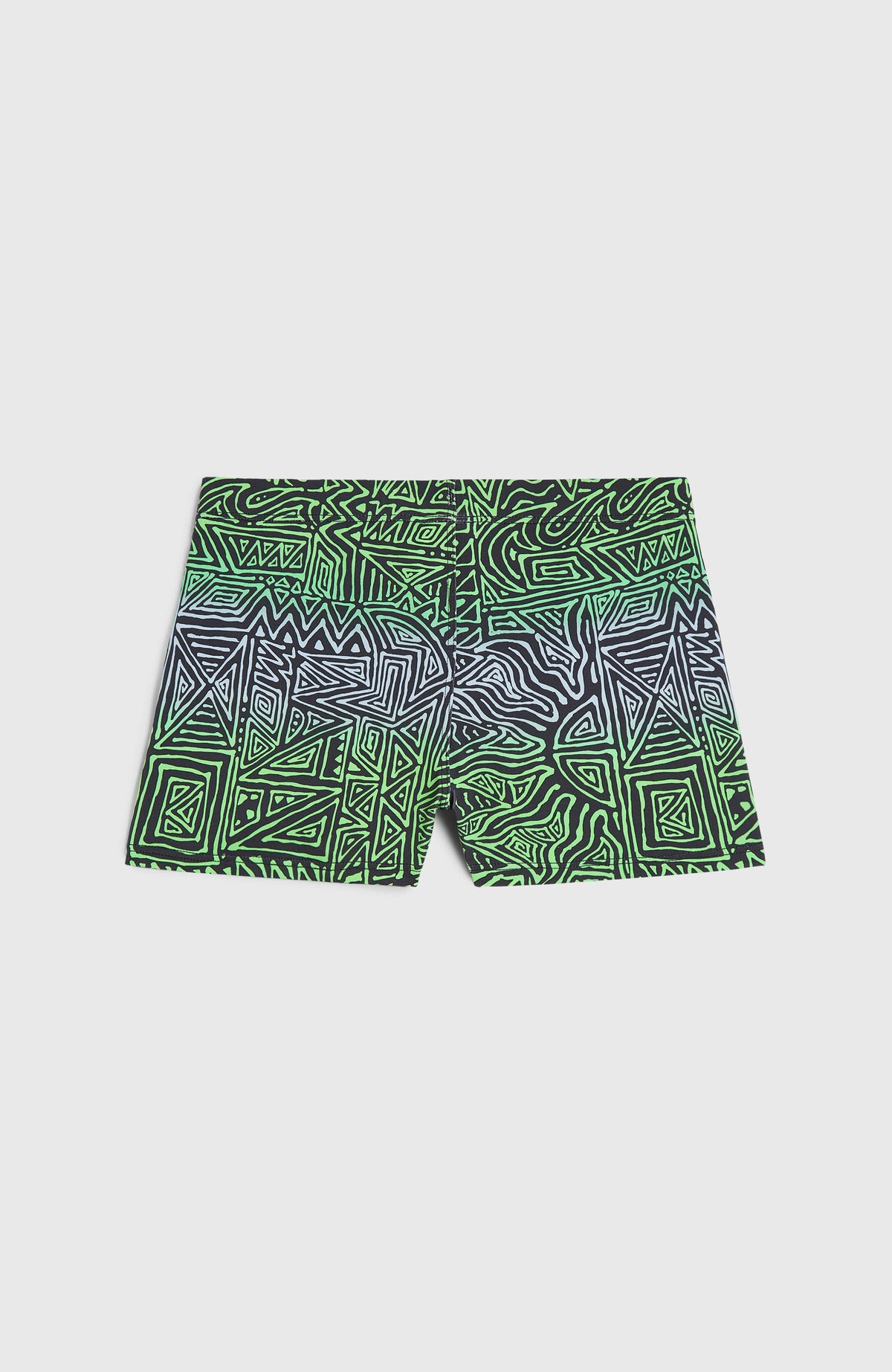 Racer Badehose für Jungen, blau mit Grafikmuster in Grün, flach liegend von hinten