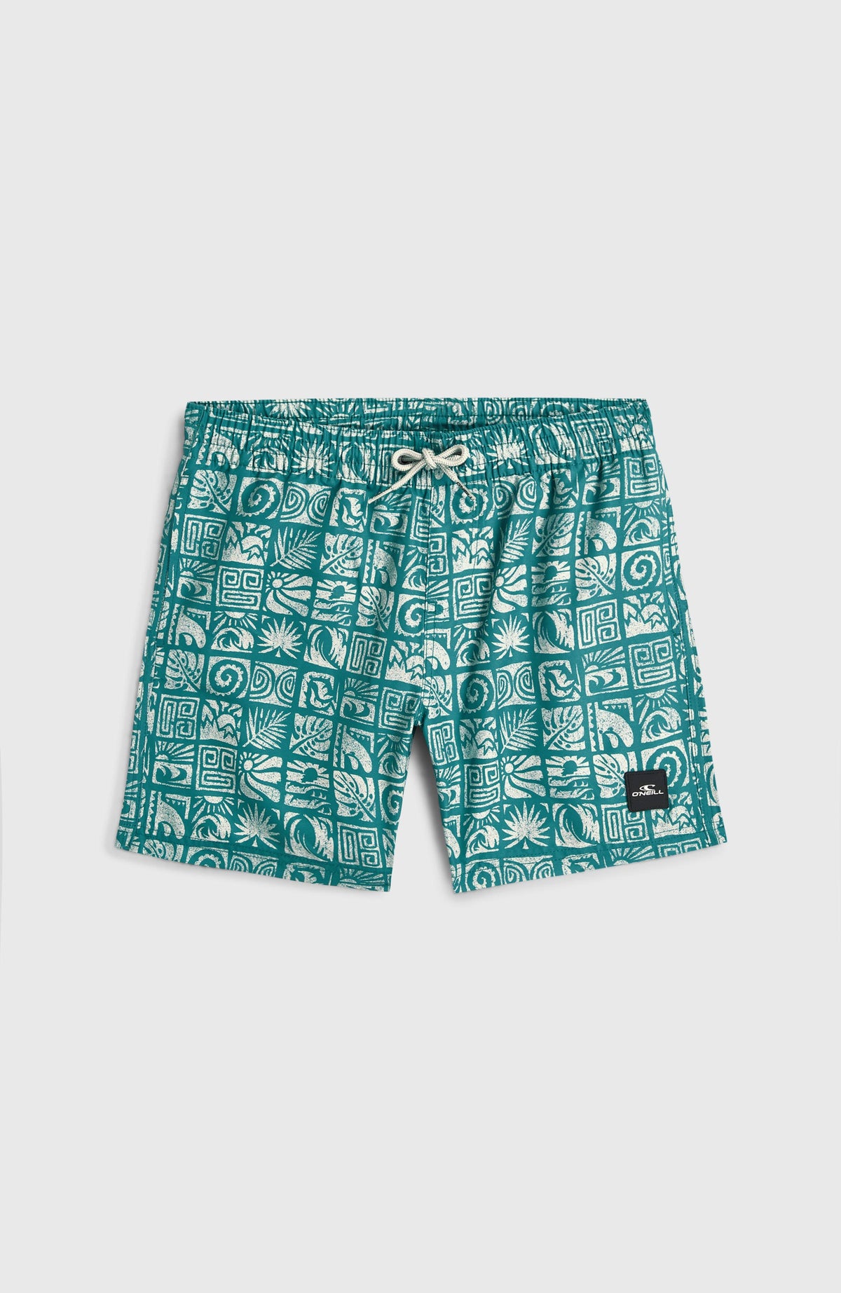 Print Badehose für Jungen, blau mit Grafikmuster in Weiß, flach liegend von vorne, Kordelzug am Bund