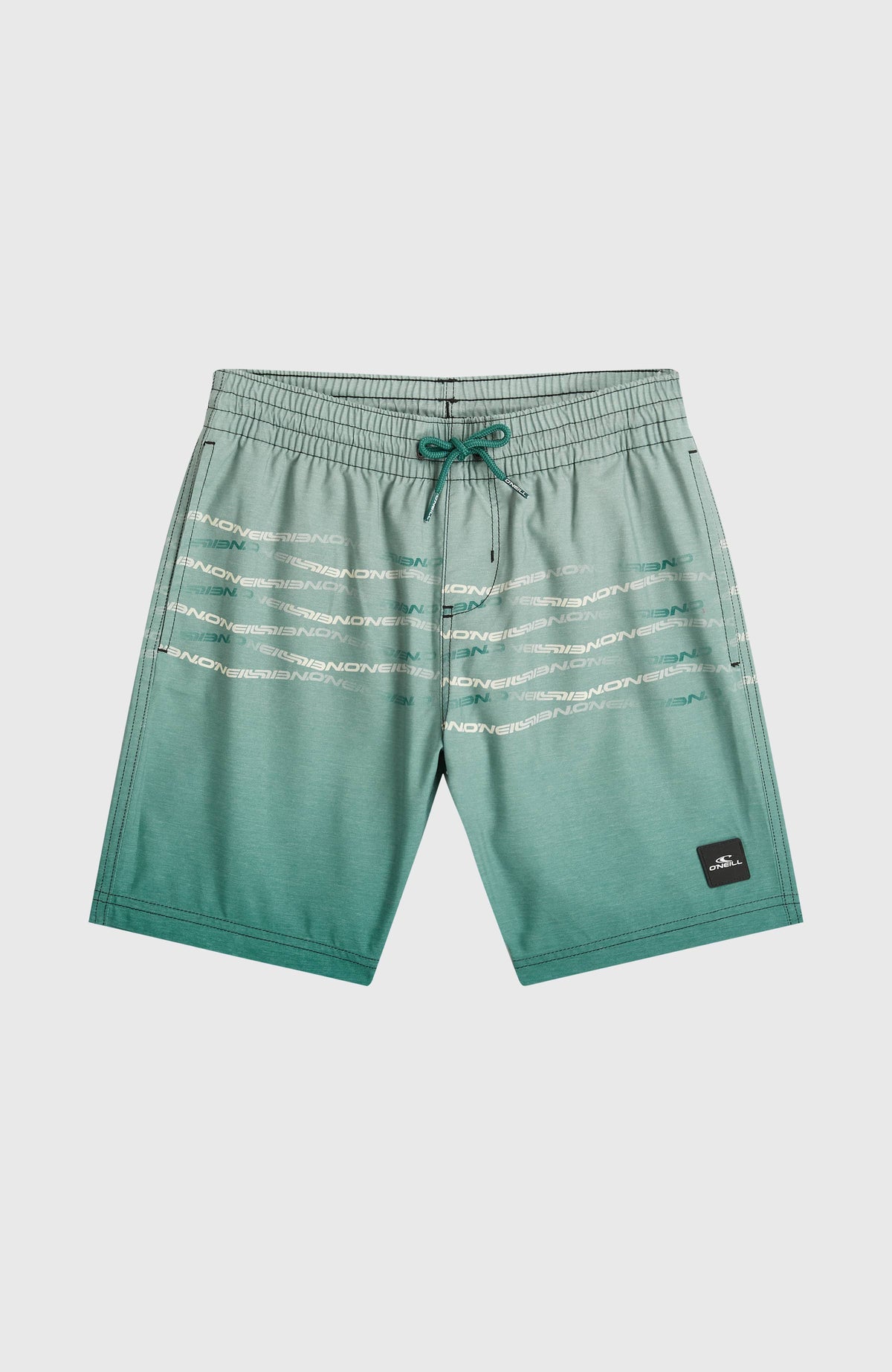 Grüne First Badehose für Jungen mit Logo-Print in Weiß, flach liegend von vorne, Kordelzug und Logo-Aufnäher