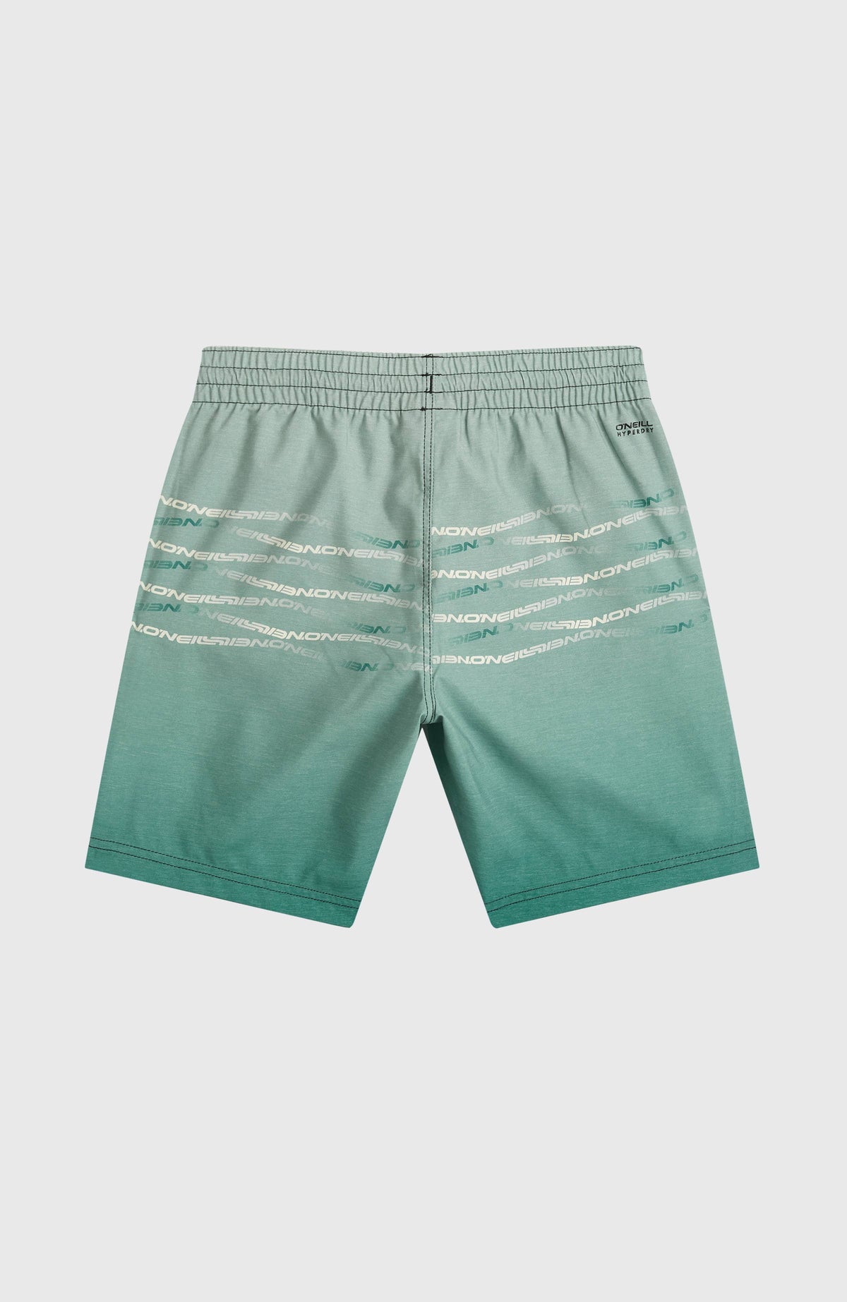 Grüne First Badehose für Jungen mit Logo-Print in Weiß, flach liegend von hinten, elastischer Raffbund