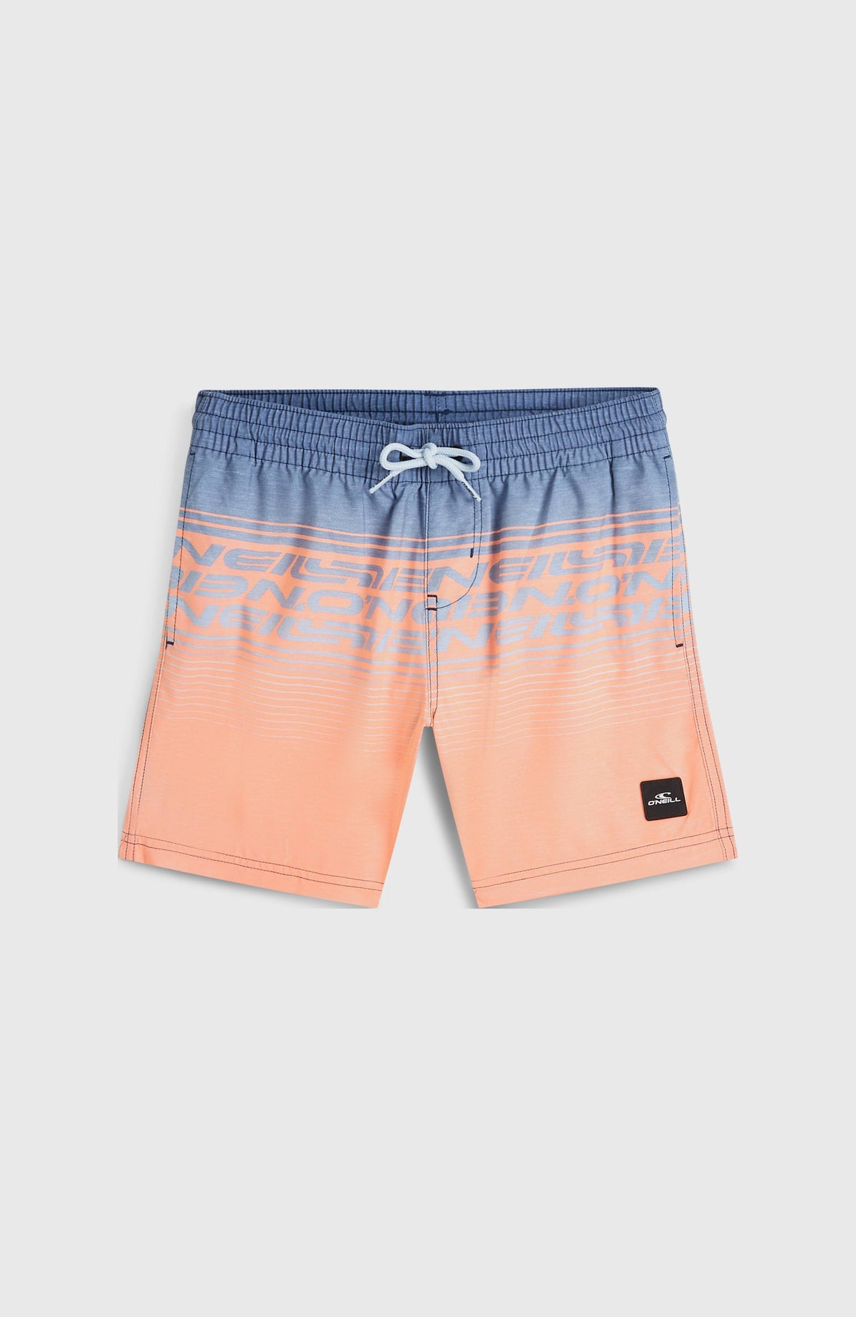 Logo Stripe Badehose für Jungen, lila mit Streifenmuster in Orange, flach liegend von vorne