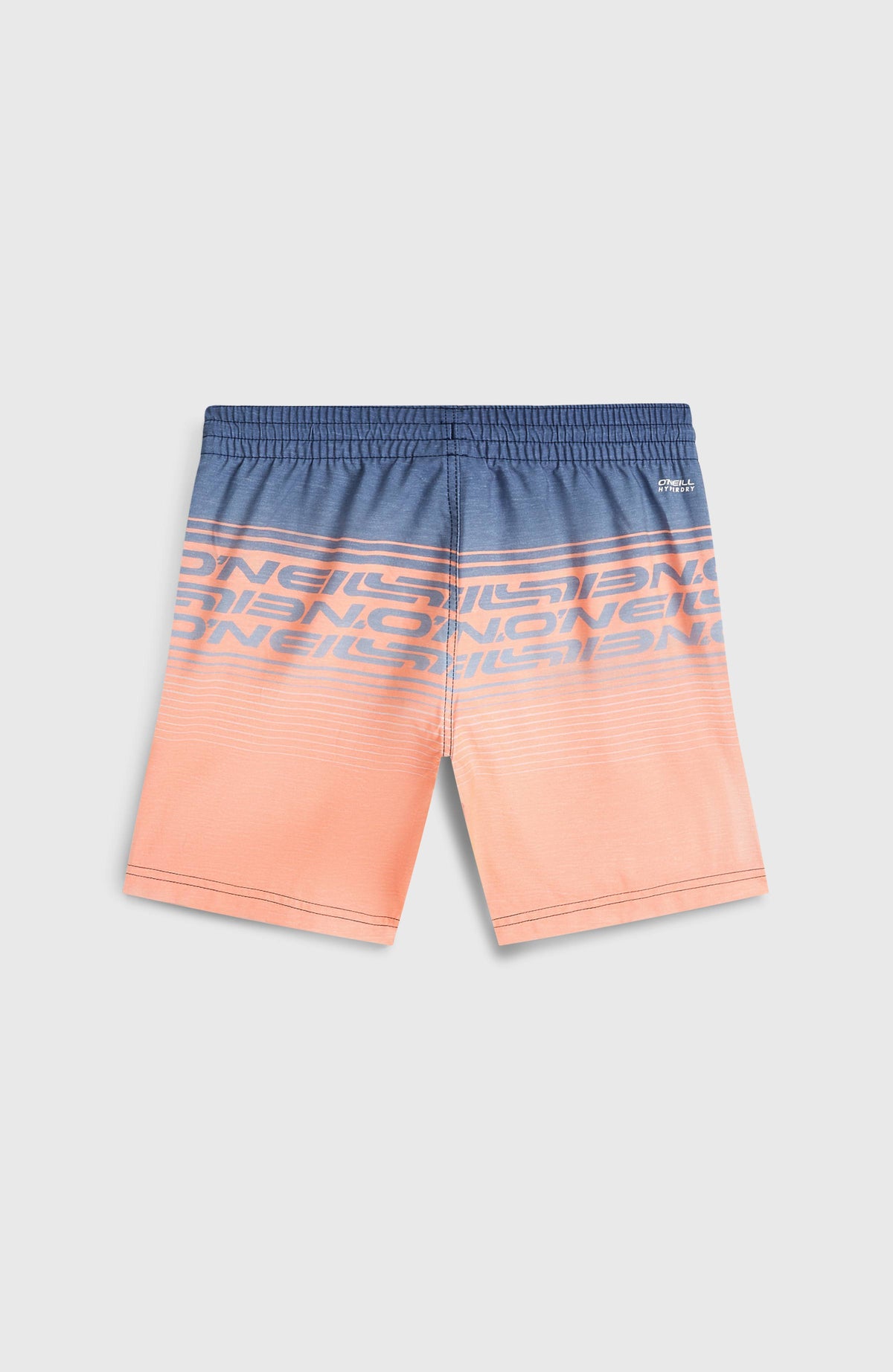 Logo Stripe Badehose für Jungen, lila mit Streifenmuster in Orange, flach liegend von hinten