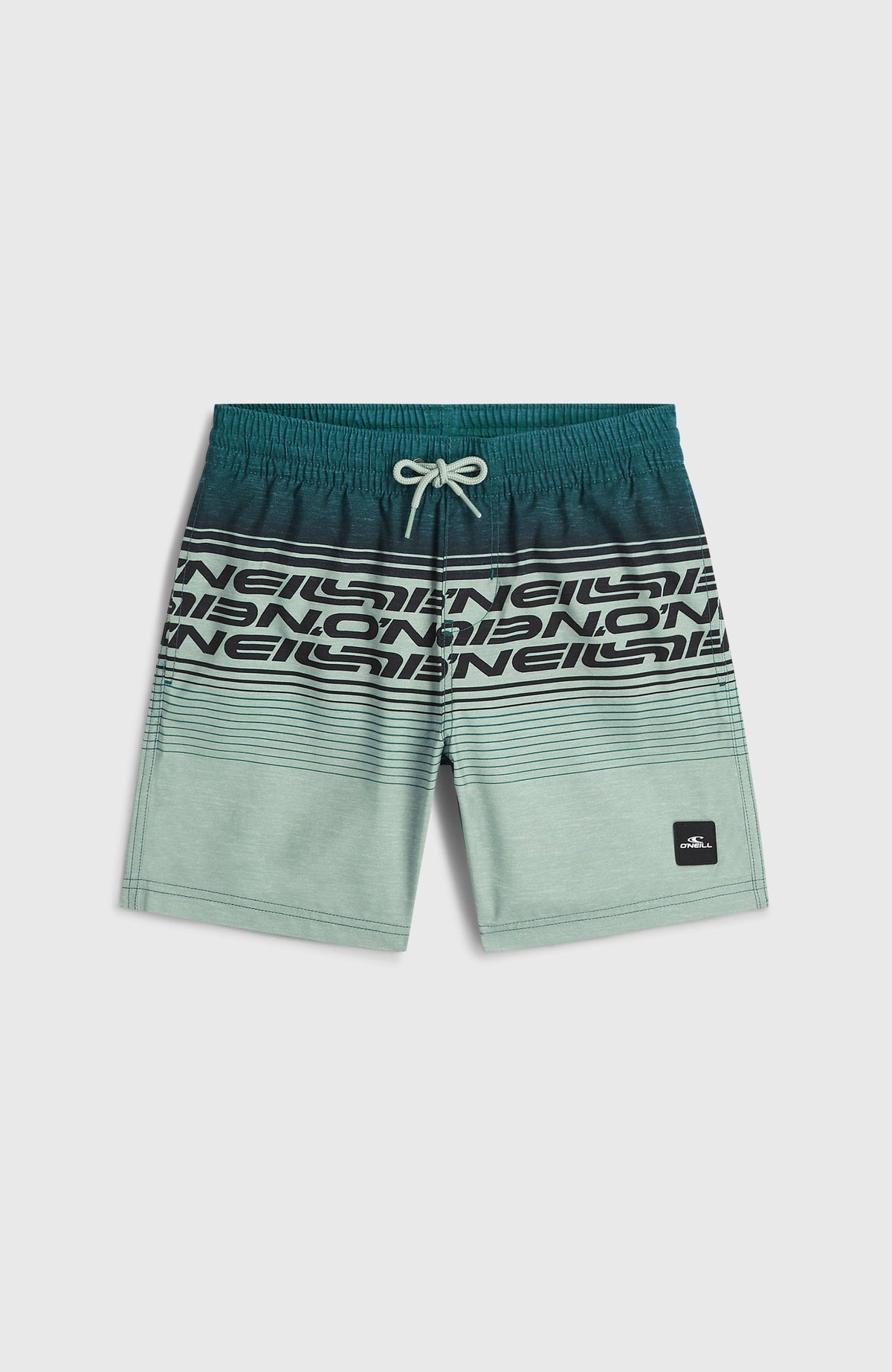 Logo Stripe Badehose für Jungen, grün mit Logo-Print in Schwarz, flach liegend von vorne, Bund mit Kordelzug