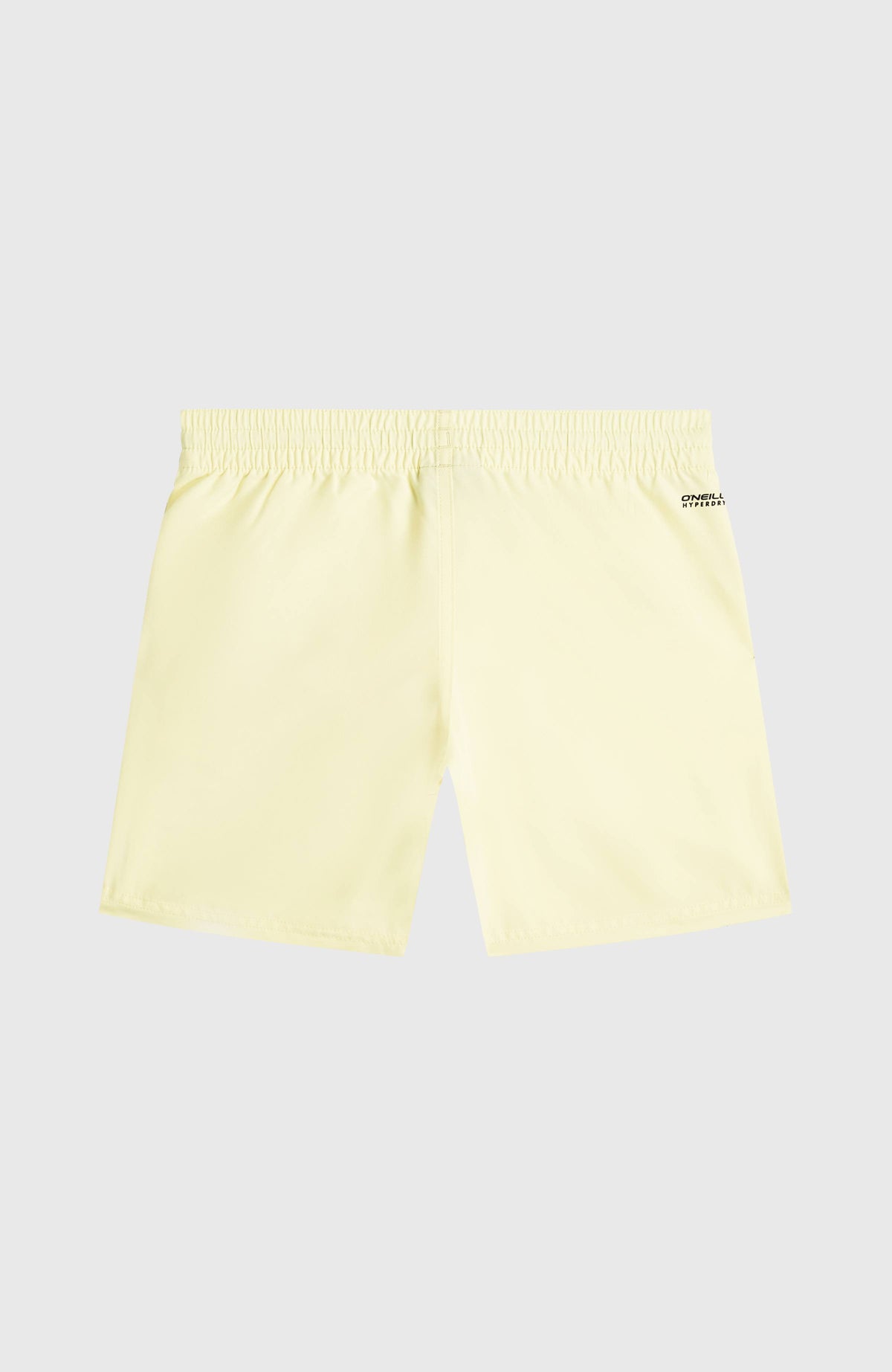 Cali Badehose für Jungen, gelb mit Logo-Print in Schwarz, flach liegend von hinten mit elastischem Bund