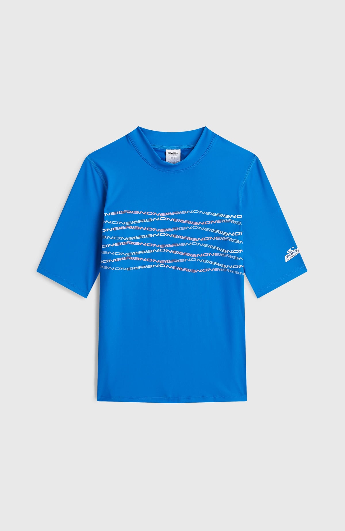 Graphic Shortsleeve-UV-Shirt für Jungen, blau mit Logo-Print in Rosa, flach liegend von vorne