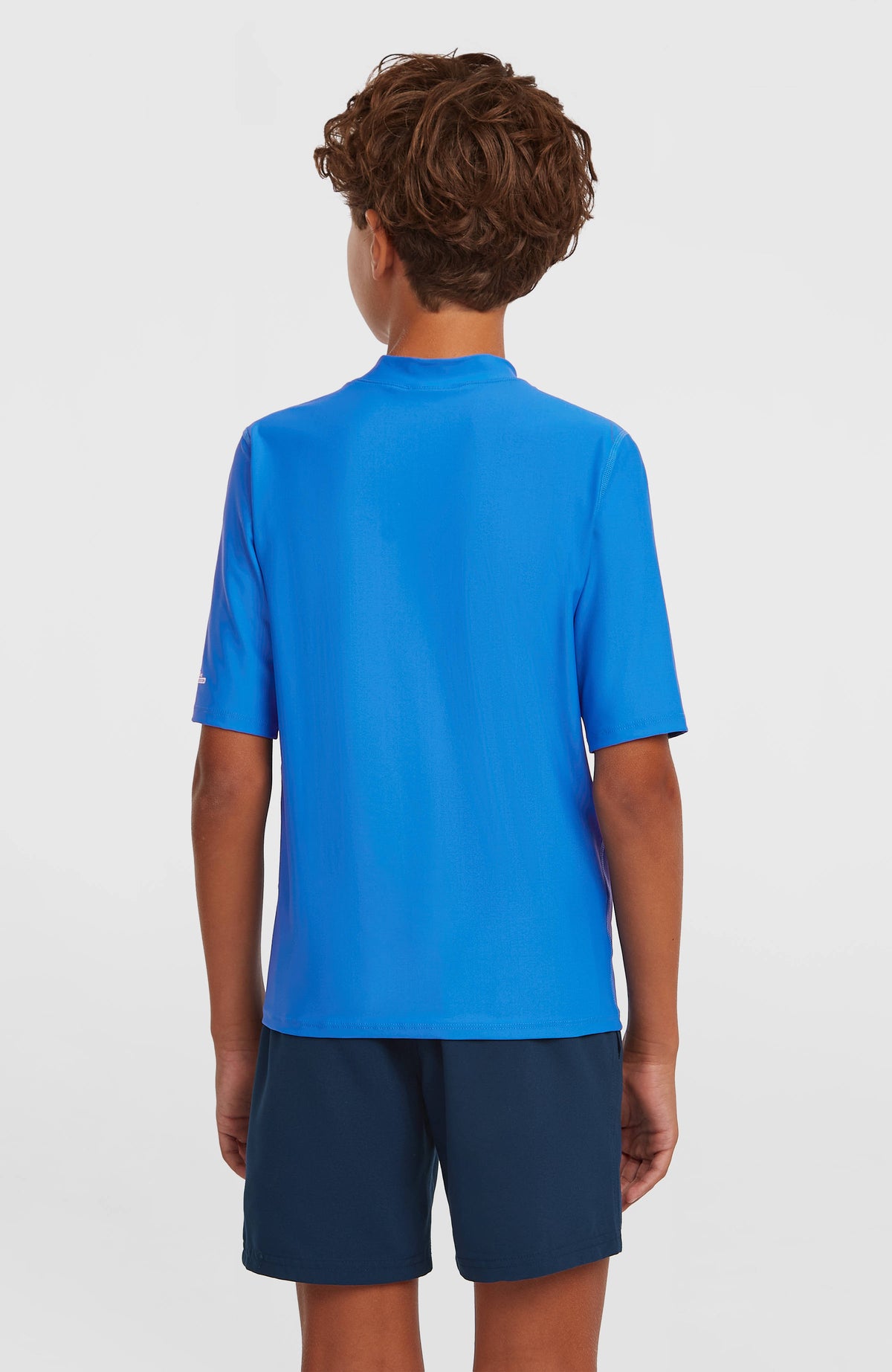 Graphic Shortsleeve-UV-Shirt für Jungen, blau, getragen am Model, Rückansicht mit Stehkragen