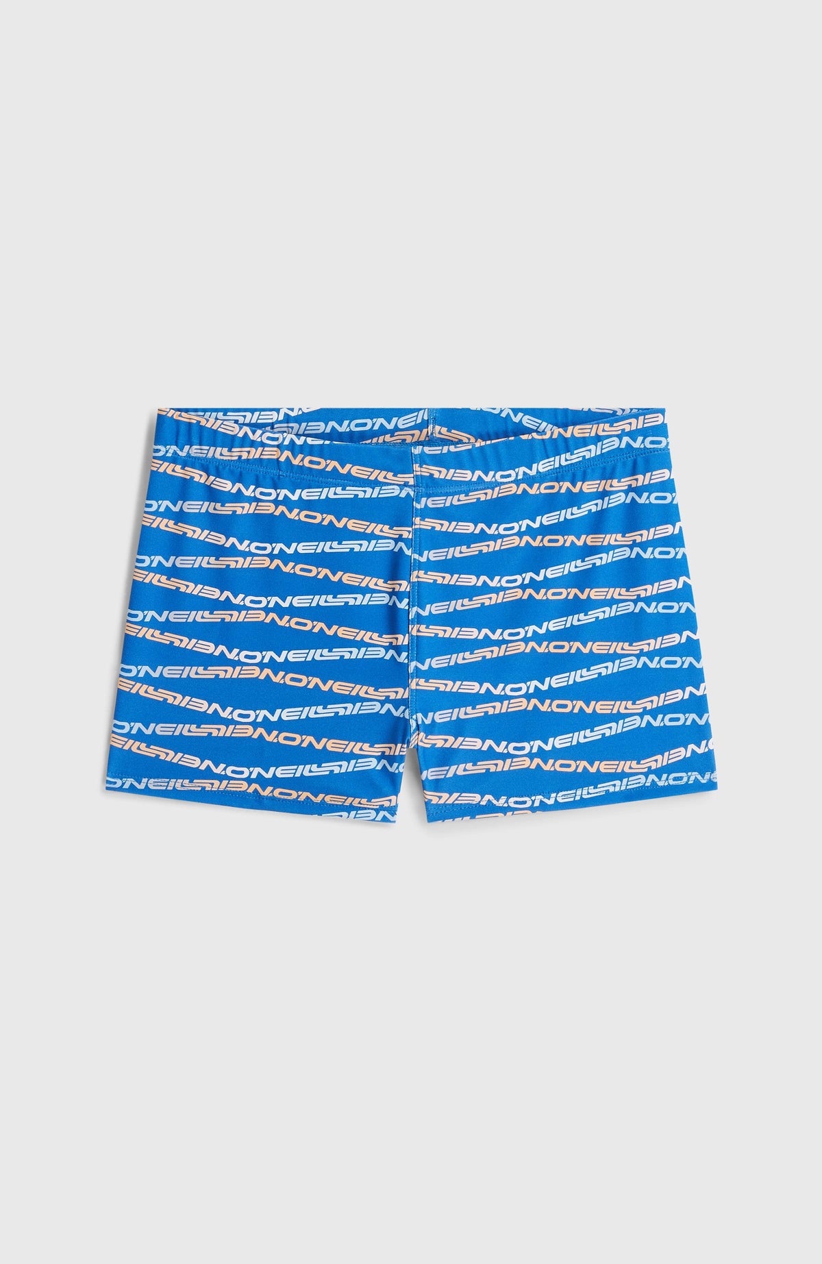 O'Neill Print Racer Badehose für Jungen, blau mit Logo-Print in Orange und Weiß, flach liegend von vorne