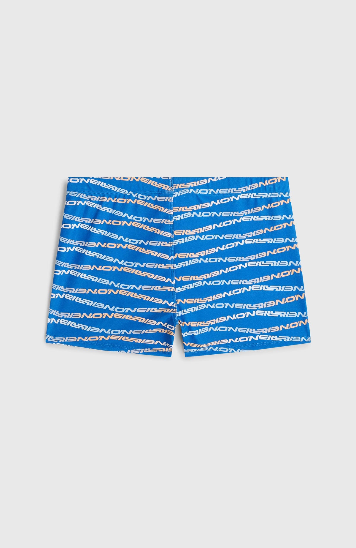 Print Racer Badehose für Jungen, blau mit Logo-Print in Orange und Weiß, flach liegend von hinten