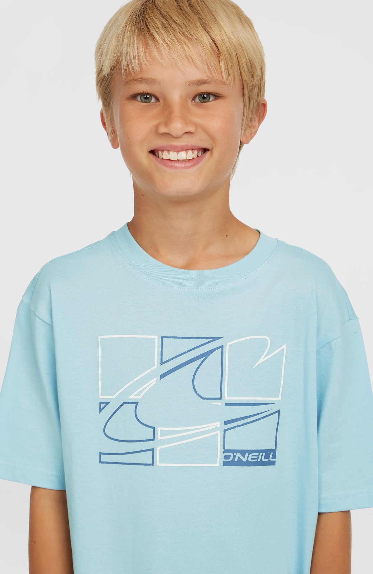 Graphic T-Shirt für Jungen, blau, Nahaufnahme von Rundhalsausschnitt und Grafik-Print
