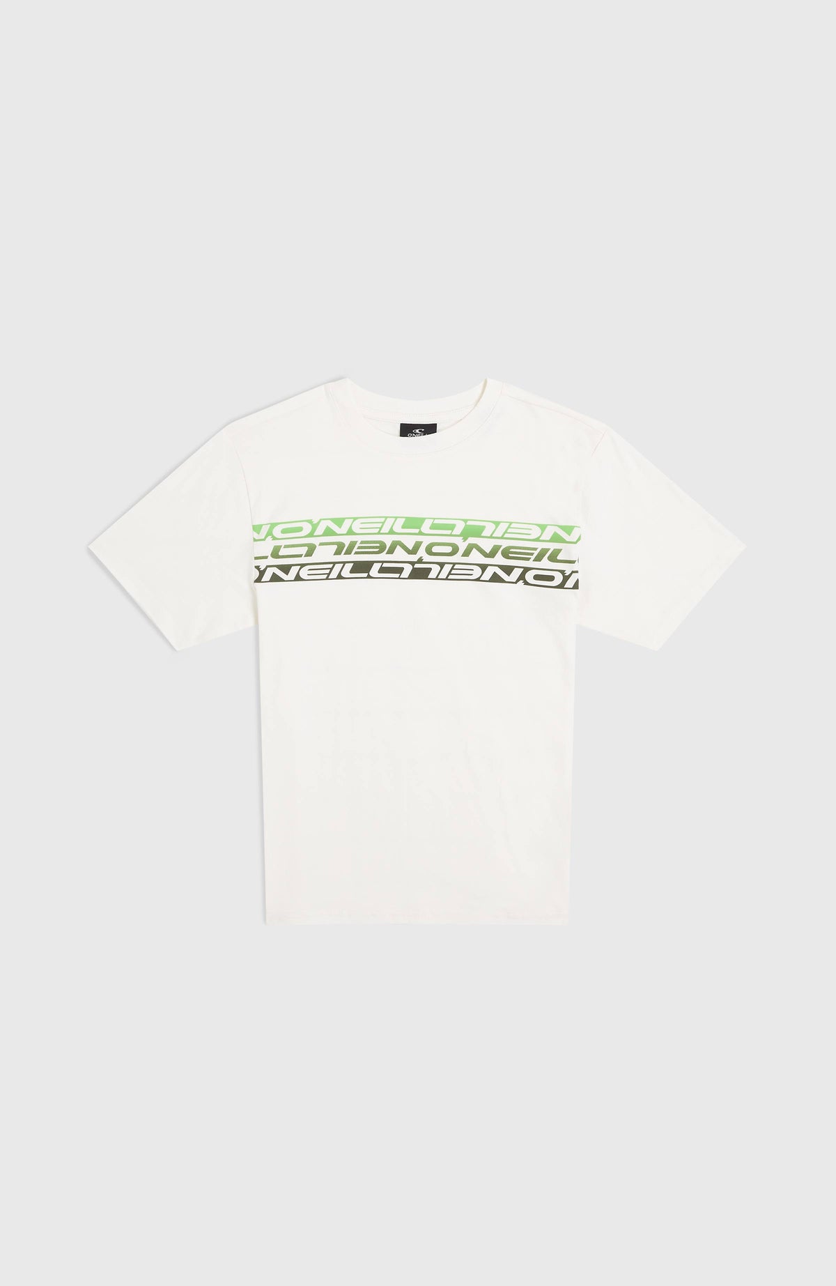 Stripe T-Shirt für Jungen, weiß mit Logo-Print in Grün, flach liegend von vorne