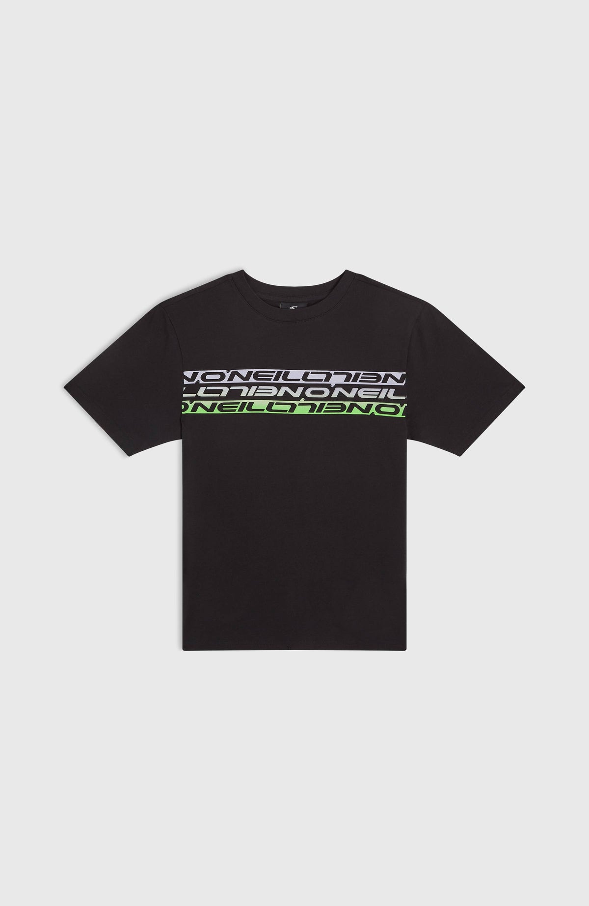 Schwarzes Stripe T-Shirt für Jungen mit Logo-Print in Lila und Grün, flach liegend von vorne