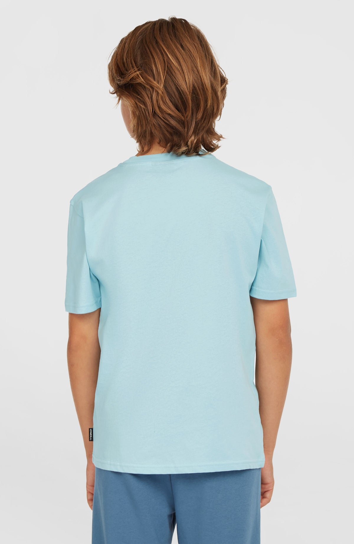 Small Graphic T-Shirt für Jungen, blau, Rückansicht am Model mit kleinem Label am Saum