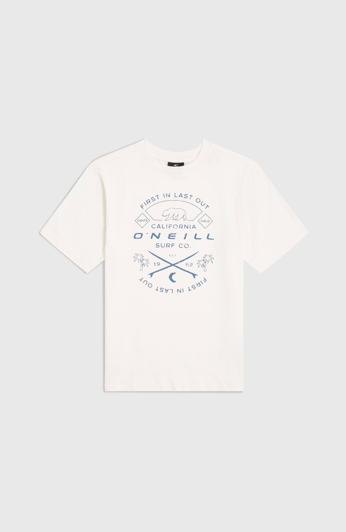 Jack O'Neill Muir T-Shirt für Jungen, weiß mit Logo-Print in Blau, flach liegend von vorne