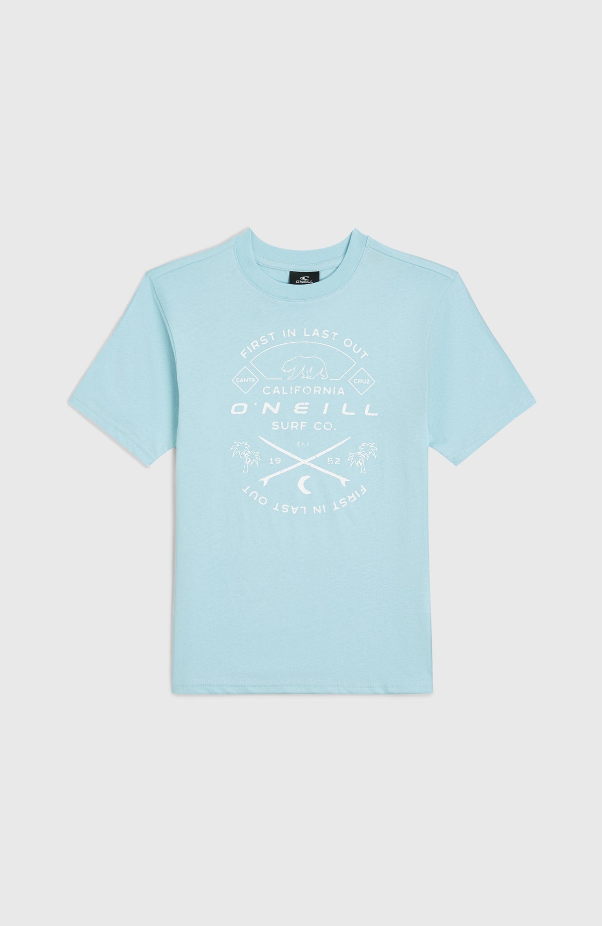 Jack O'Neill Muir T-Shirt für Jungen, blau mit Logo-Print in Weiß, flach liegend von vorne